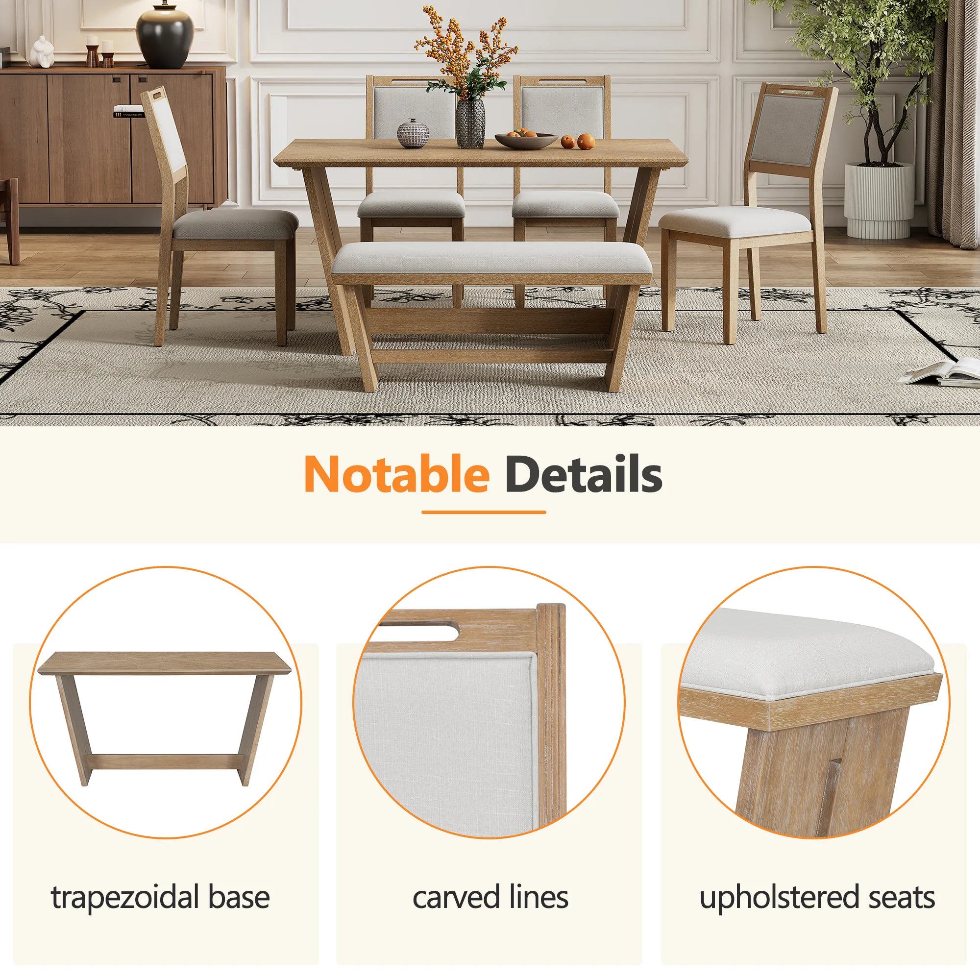 6 Piece Solid Wood Retro Rectangular Dining Table Set with 4 Upholstered Chairs & 1 Bench