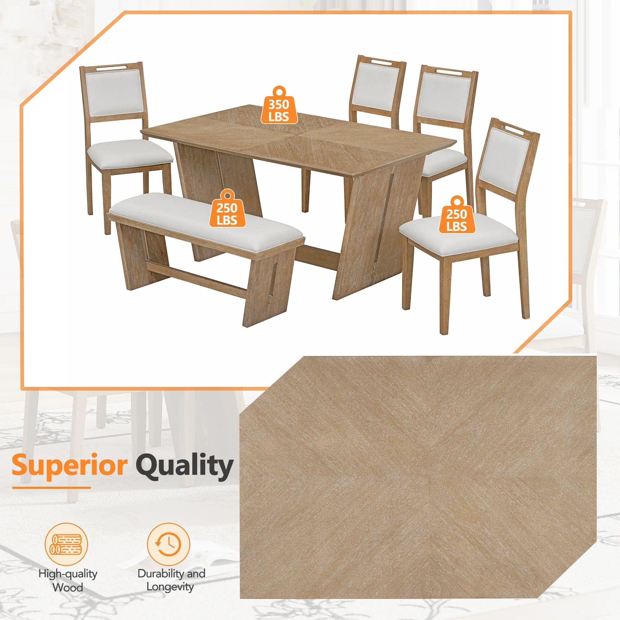 6 Piece Solid Wood Retro Rectangular Dining Table Set with 4 Upholstered Chairs & 1 Bench
