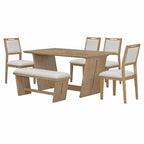 6 Piece Solid Wood Retro Rectangular Dining Table Set with 4 Upholstered Chairs & 1 Bench