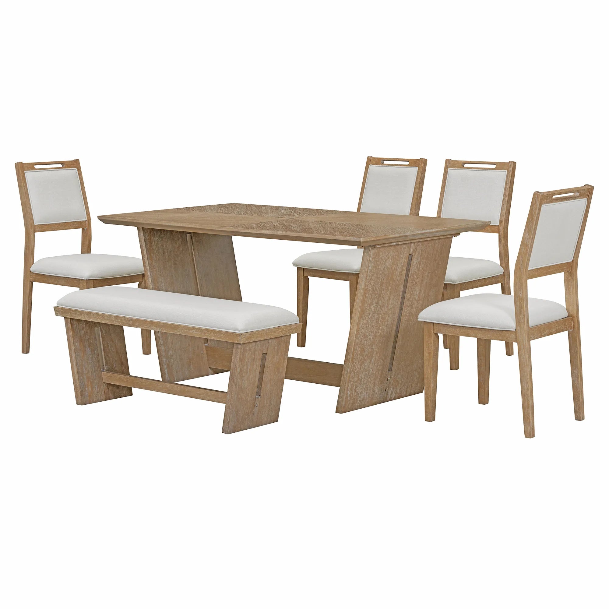 6 Piece Solid Wood Retro Rectangular Dining Table Set with 4 Upholstered Chairs & 1 Bench