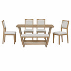6 Piece Solid Wood Retro Rectangular Dining Table Set with 4 Upholstered Chairs & 1 Bench