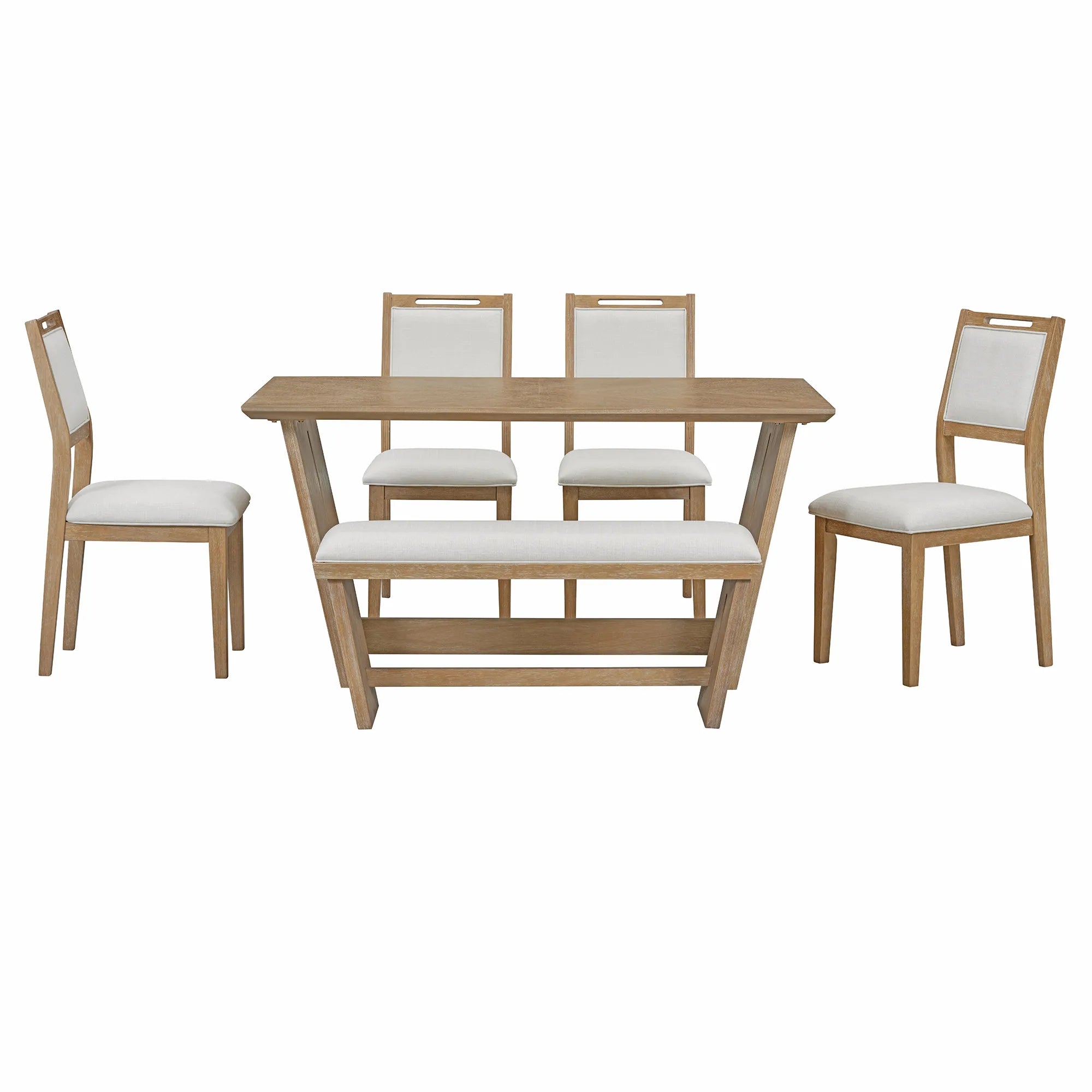6 Piece Solid Wood Retro Rectangular Dining Table Set with 4 Upholstered Chairs & 1 Bench