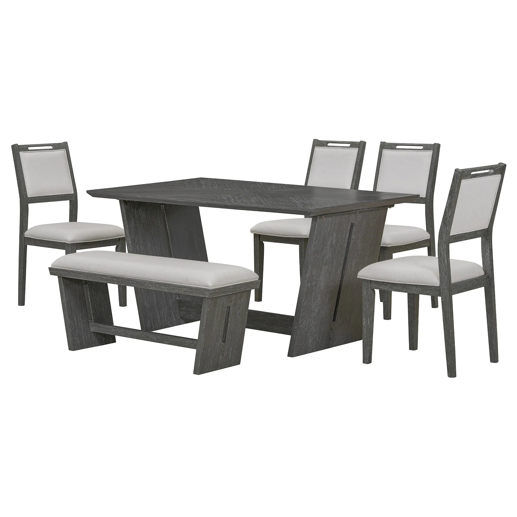 6 Piece Solid Wood Retro Rectangular Dining Table Set with 4 Upholstered Chairs & 1 Bench