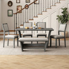 6 Piece Solid Wood Retro Rectangular Dining Table Set with 4 Upholstered Chairs & 1 Bench