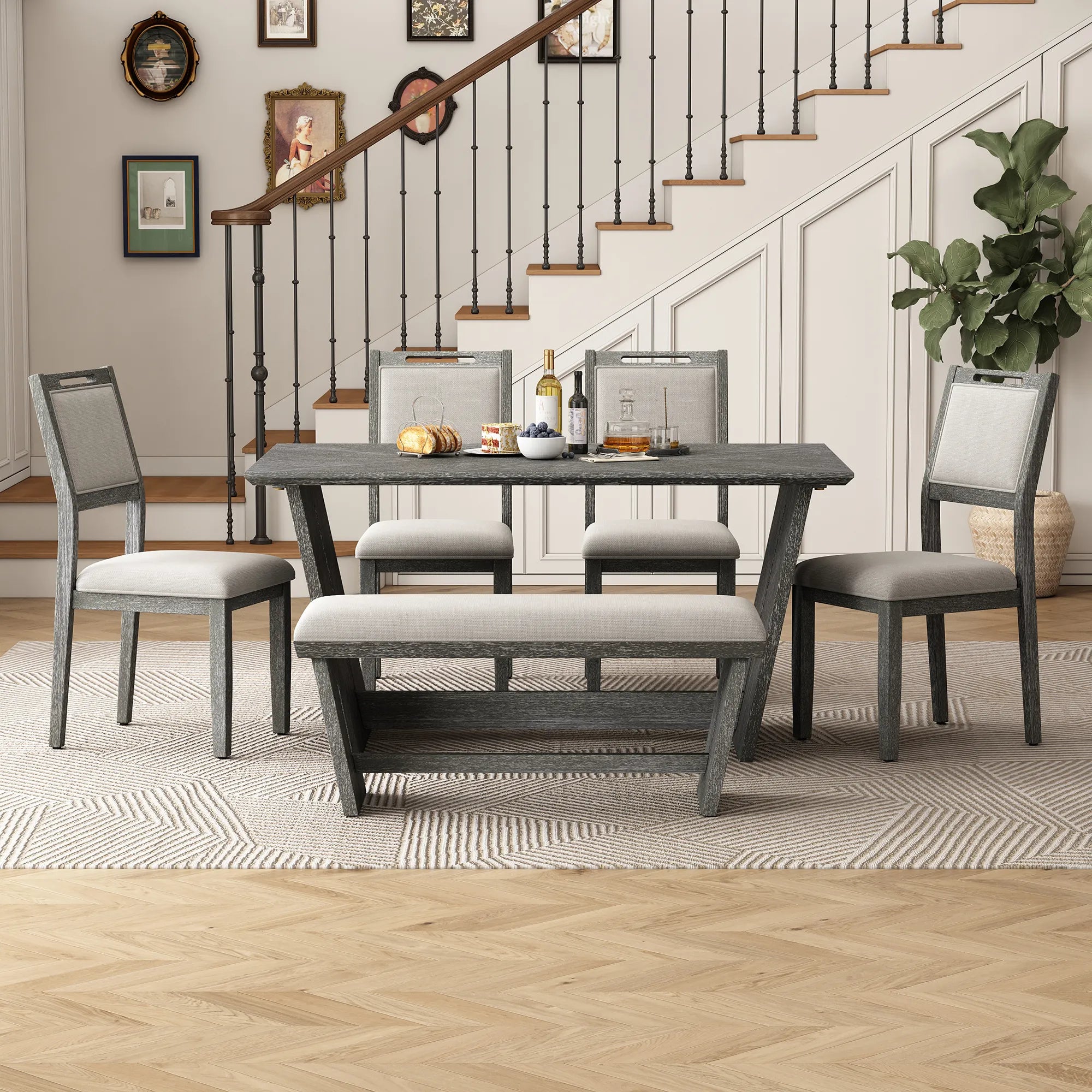 6 Piece Solid Wood Retro Rectangular Dining Table Set with 4 Upholstered Chairs & 1 Bench