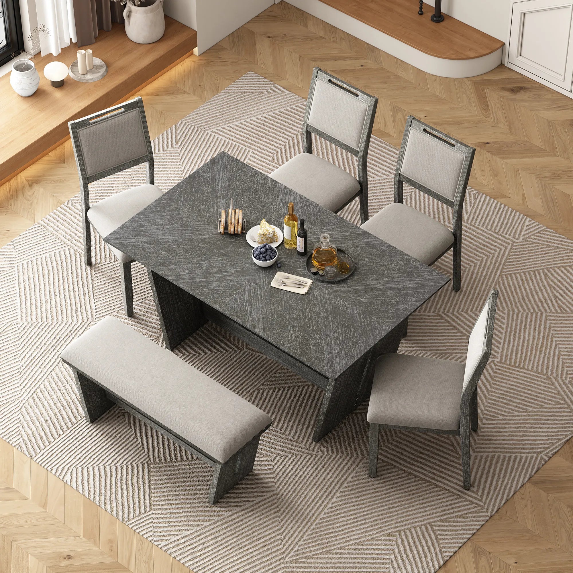 6 Piece Solid Wood Retro Rectangular Dining Table Set with 4 Upholstered Chairs & 1 Bench