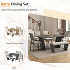 6 Piece Solid Wood Retro Rectangular Dining Table Set with 4 Upholstered Chairs & 1 Bench