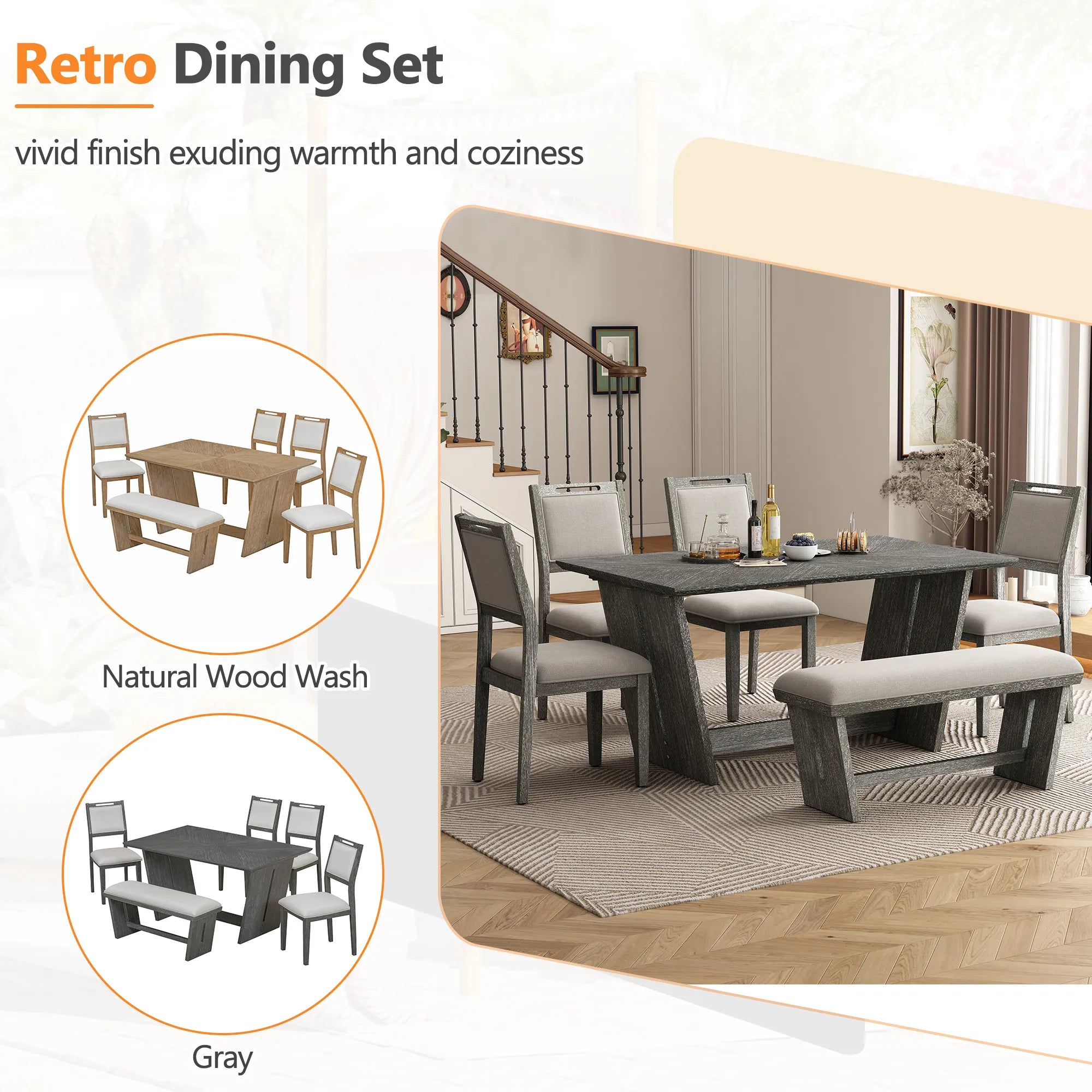 6 Piece Solid Wood Retro Rectangular Dining Table Set with 4 Upholstered Chairs & 1 Bench