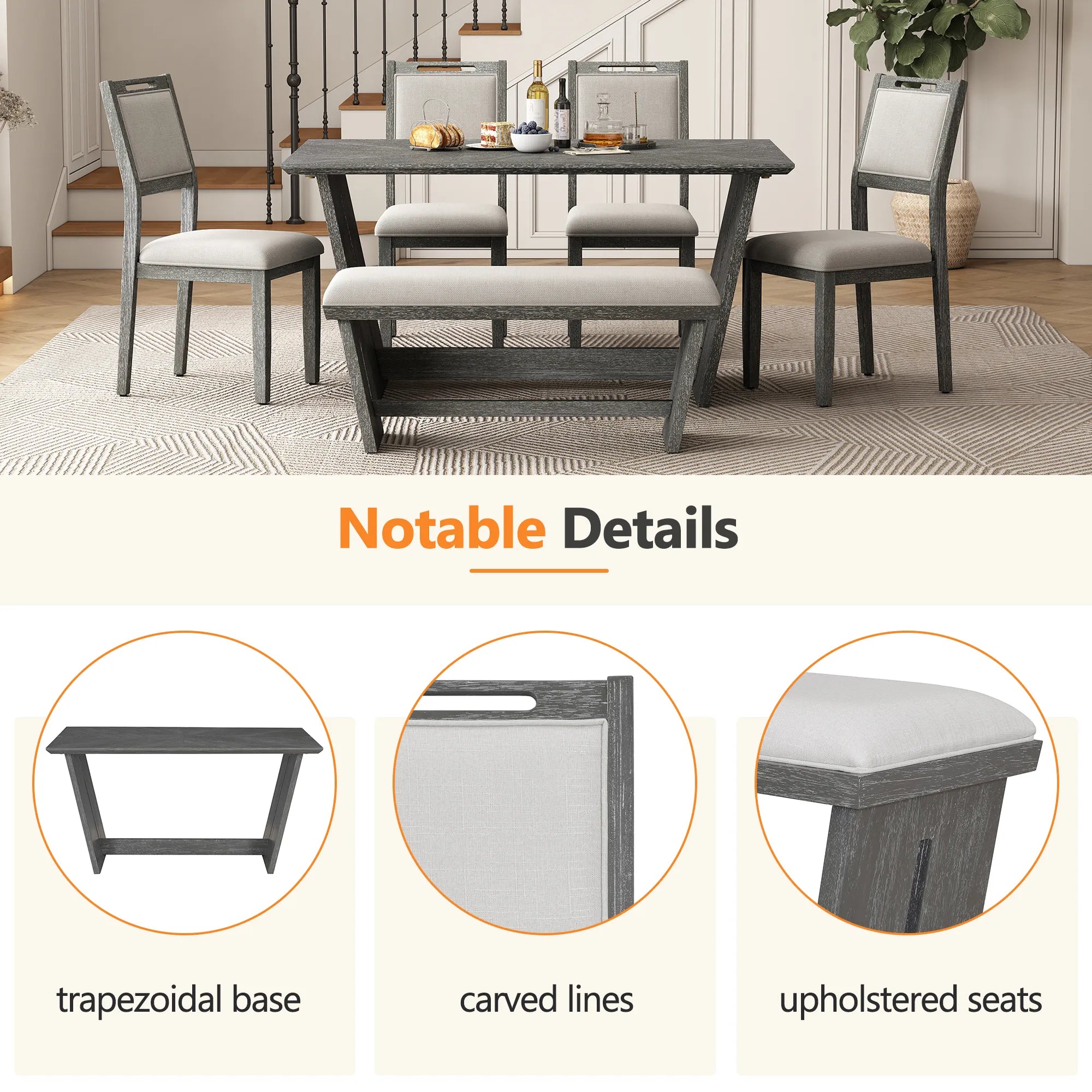 6 Piece Solid Wood Retro Rectangular Dining Table Set with 4 Upholstered Chairs & 1 Bench