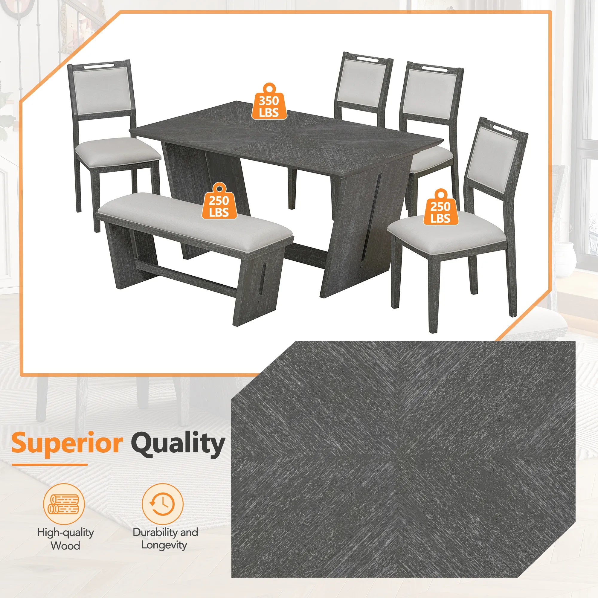 6 Piece Solid Wood Retro Rectangular Dining Table Set with 4 Upholstered Chairs & 1 Bench