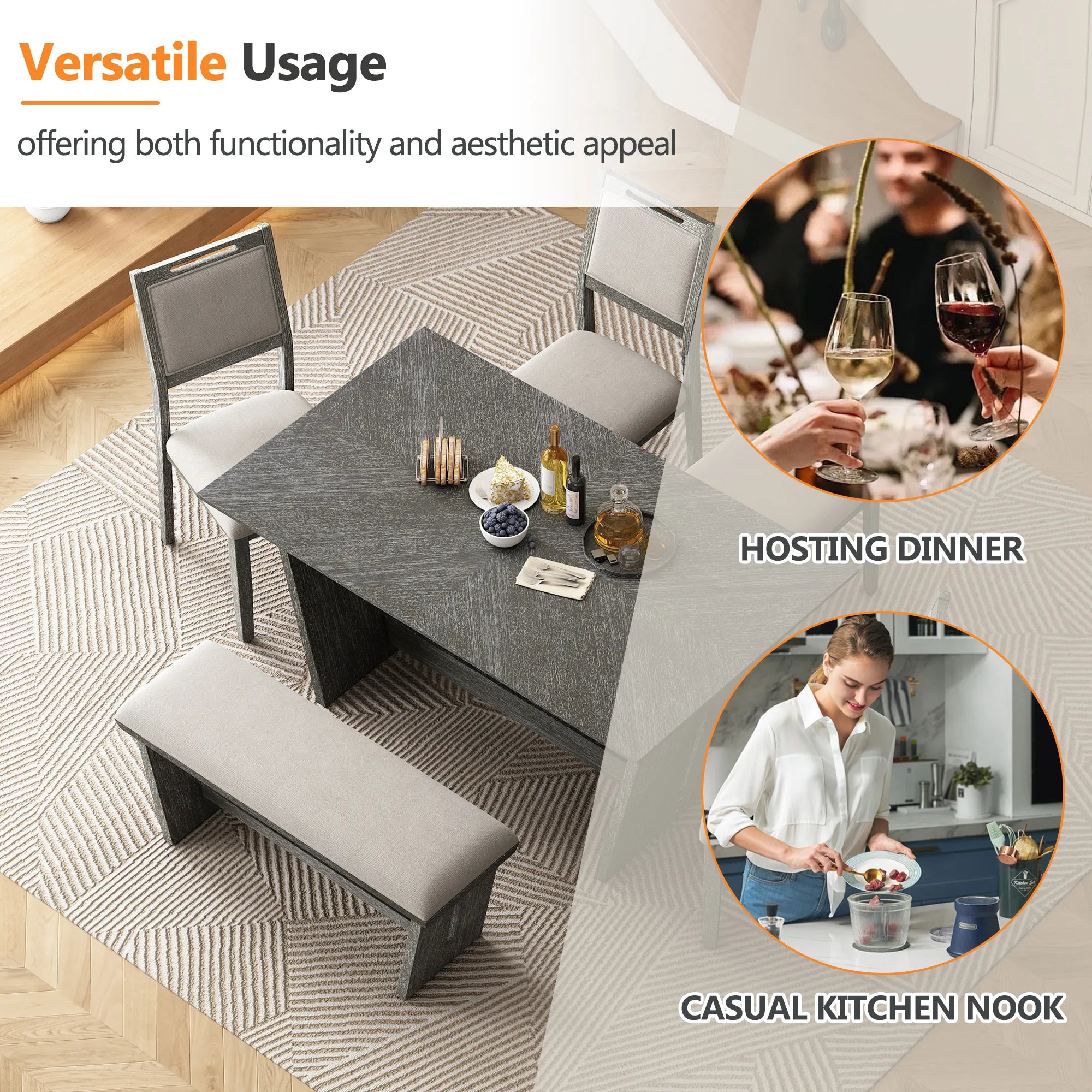 6 Piece Solid Wood Retro Rectangular Dining Table Set with 4 Upholstered Chairs & 1 Bench