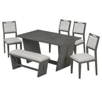 6 Piece Solid Wood Retro Rectangular Dining Table Set with 4 Upholstered Chairs & 1 Bench