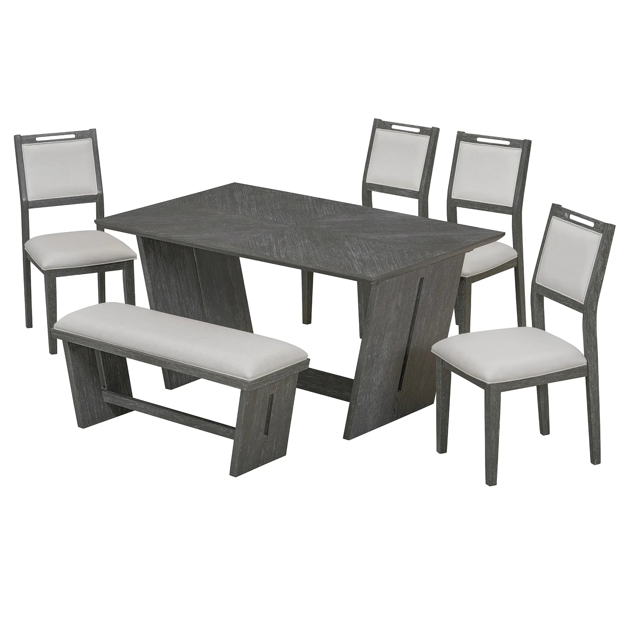 6 Piece Solid Wood Retro Rectangular Dining Table Set with 4 Upholstered Chairs & 1 Bench