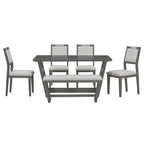 6 Piece Solid Wood Retro Rectangular Dining Table Set with 4 Upholstered Chairs & 1 Bench