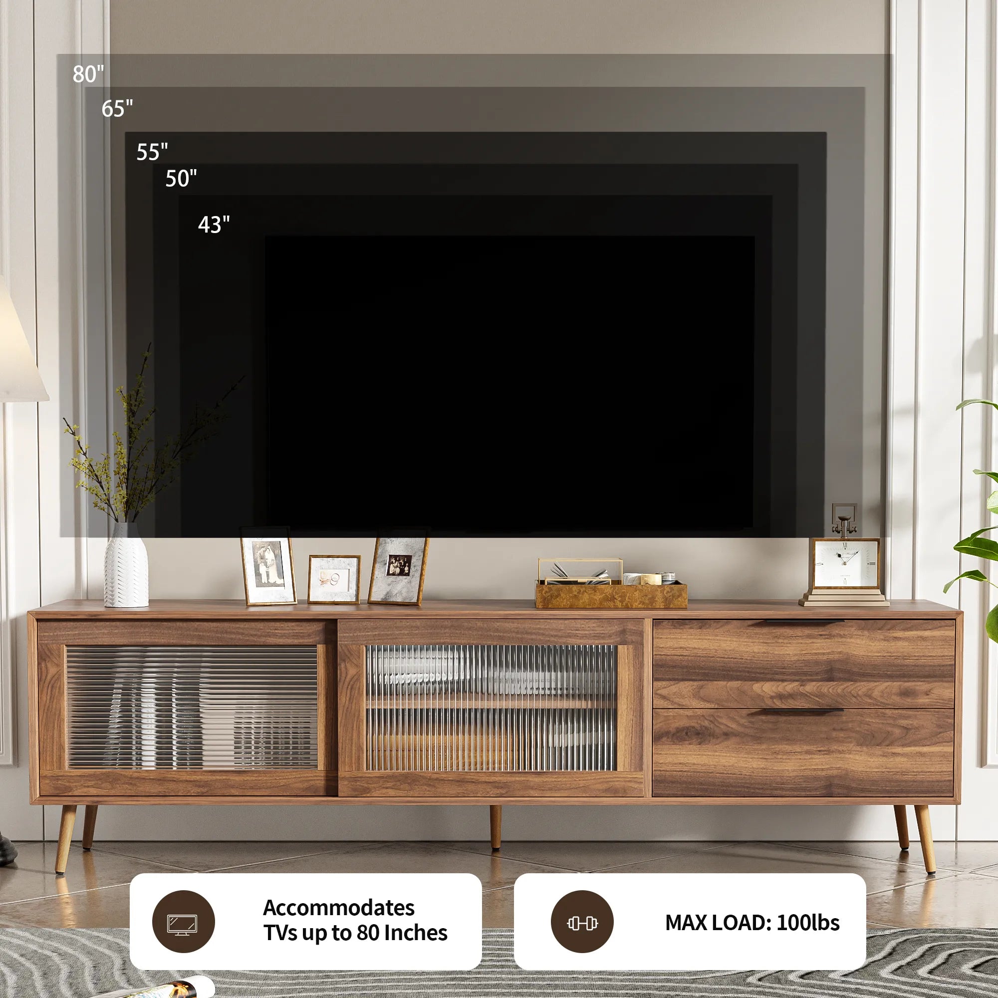 71" Modern Walnut TV Stand with Sliding Glass Doors