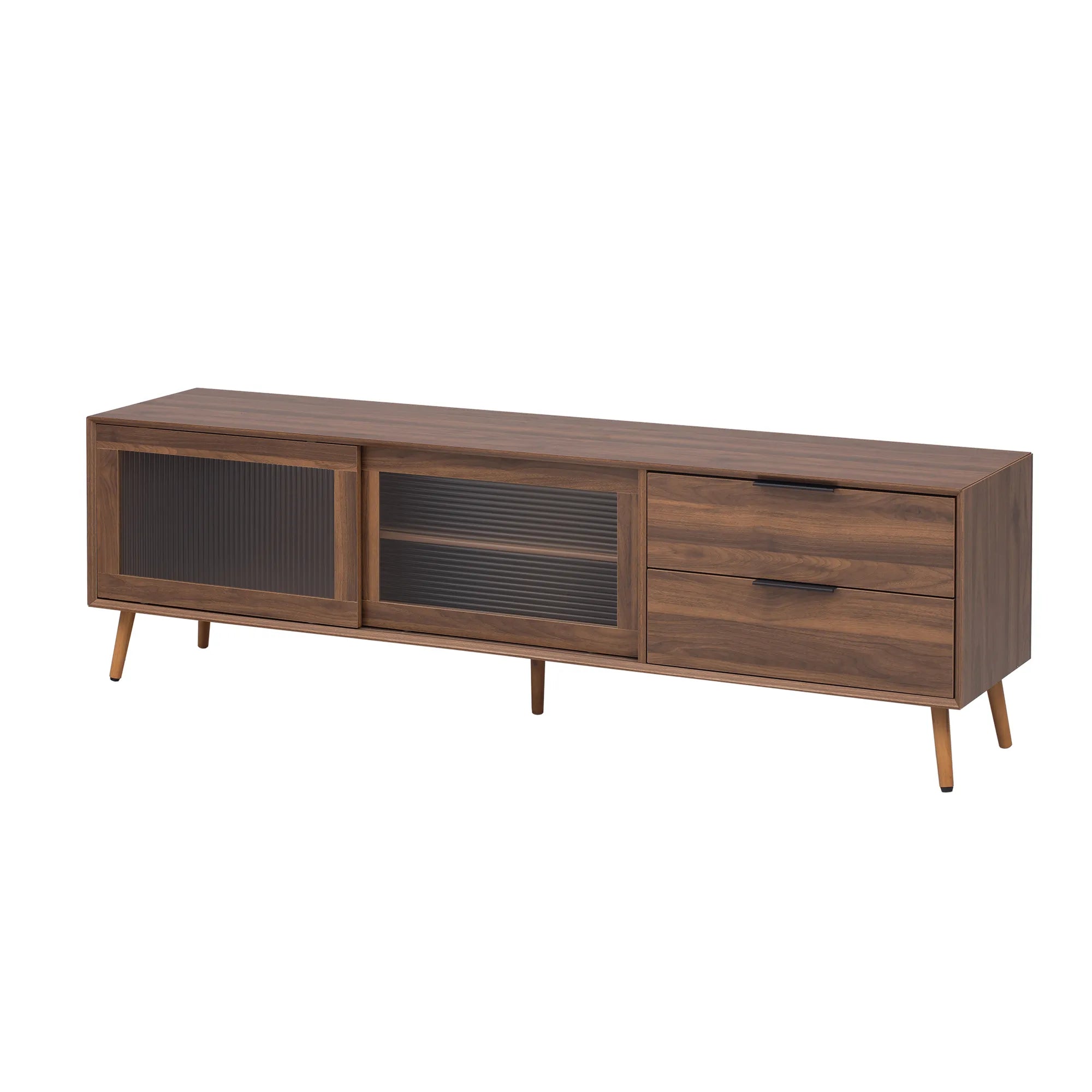 71" Modern Walnut TV Stand with Sliding Glass Doors