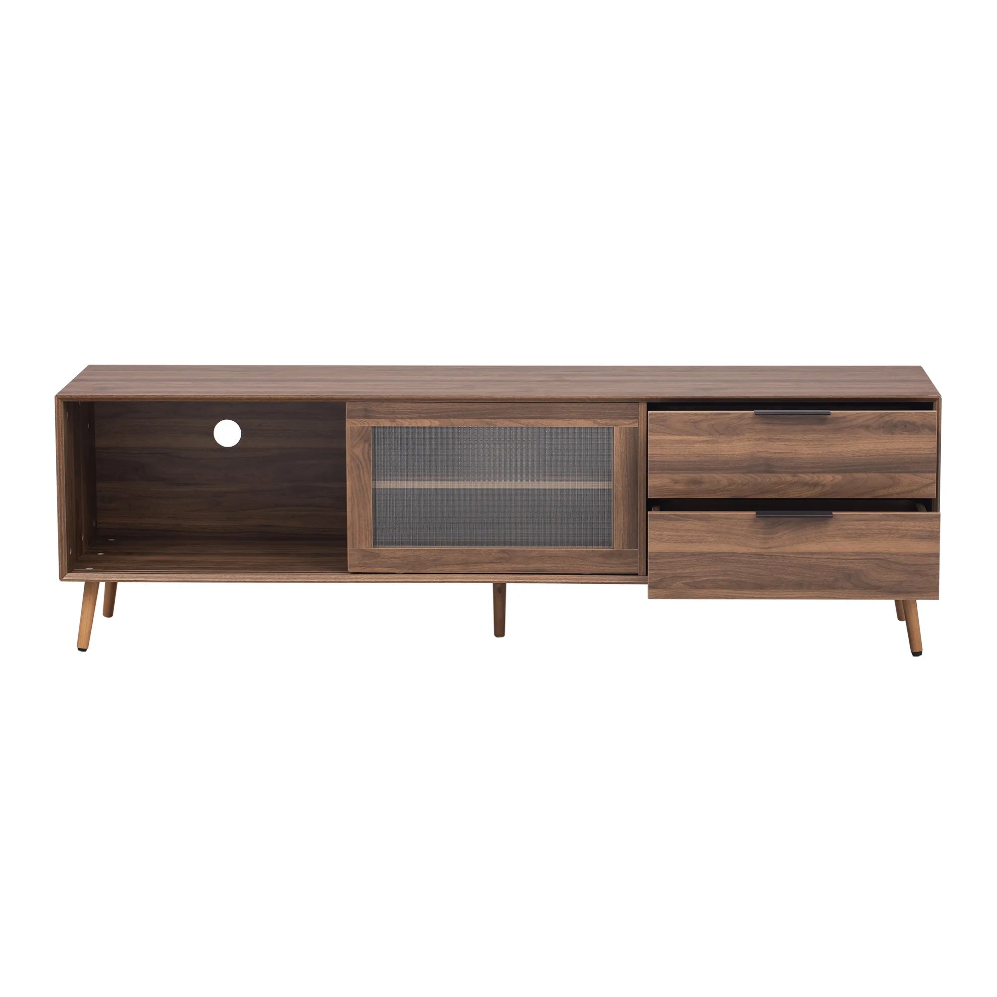 71" Modern Walnut TV Stand with Sliding Glass Doors