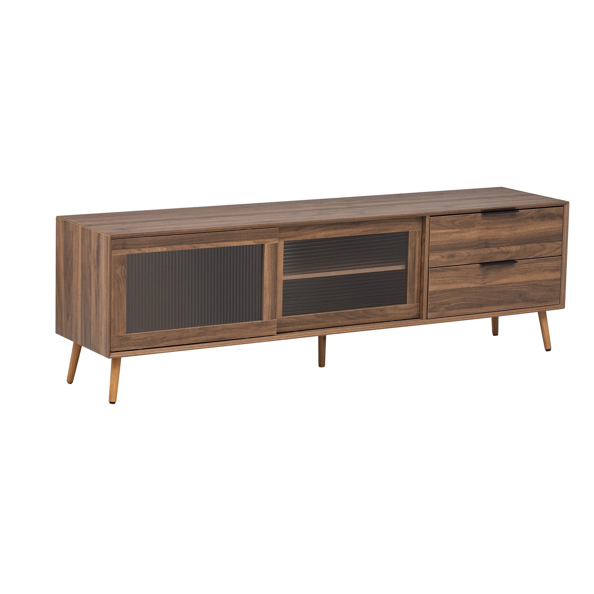 71" Modern Walnut TV Stand with Sliding Glass Doors
