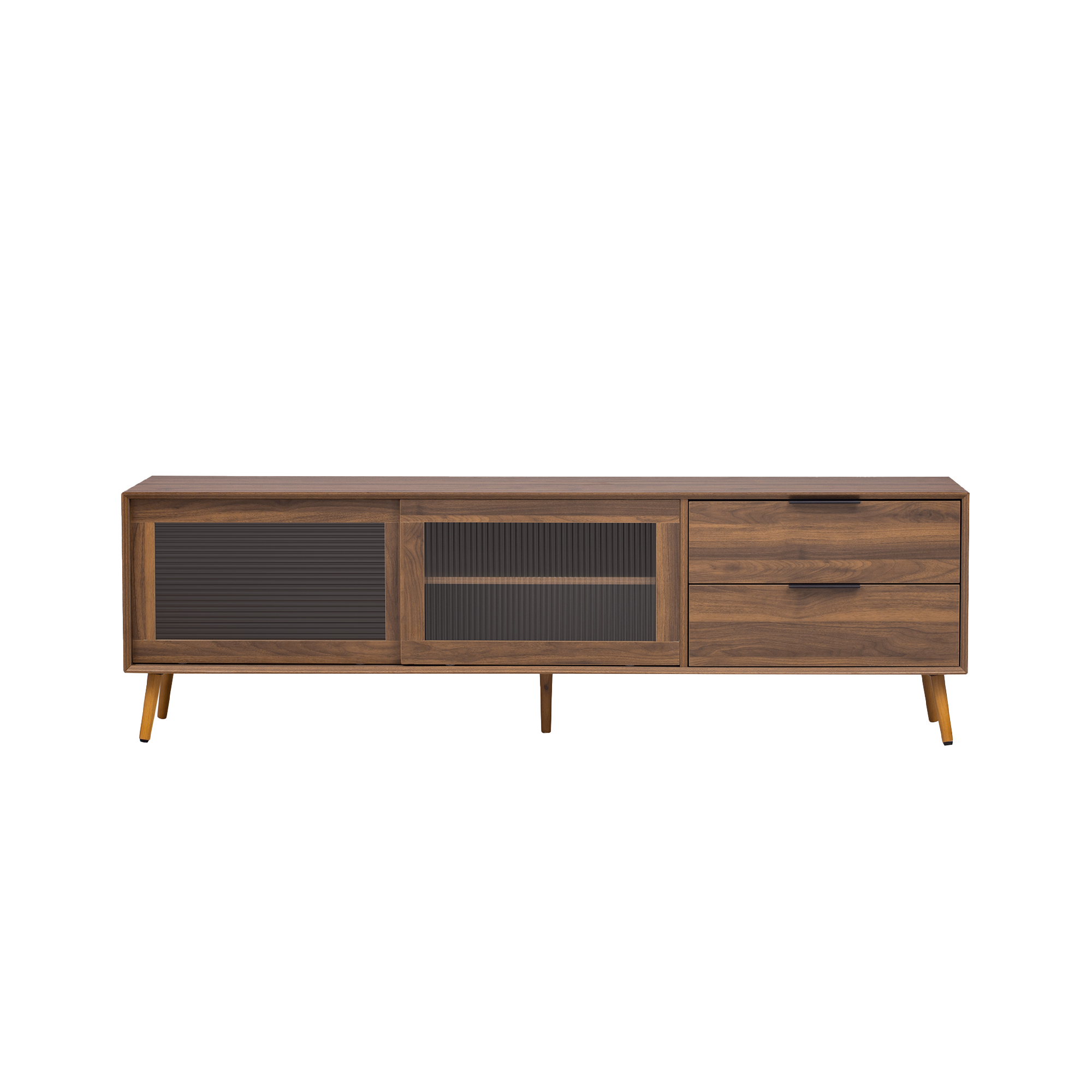 71" Modern Walnut TV Stand with Sliding Glass Doors