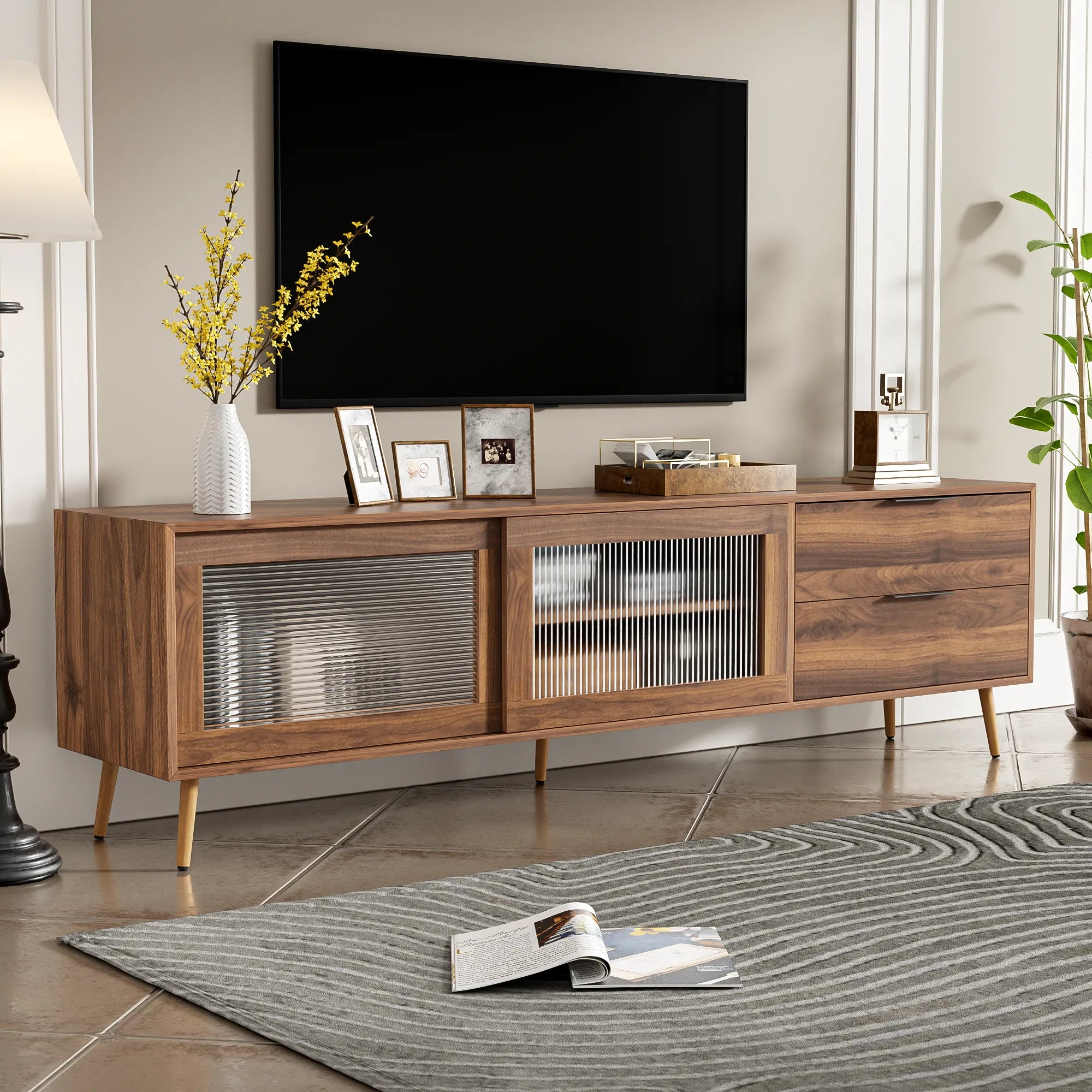 71" Modern Walnut TV Stand with Sliding Glass Doors