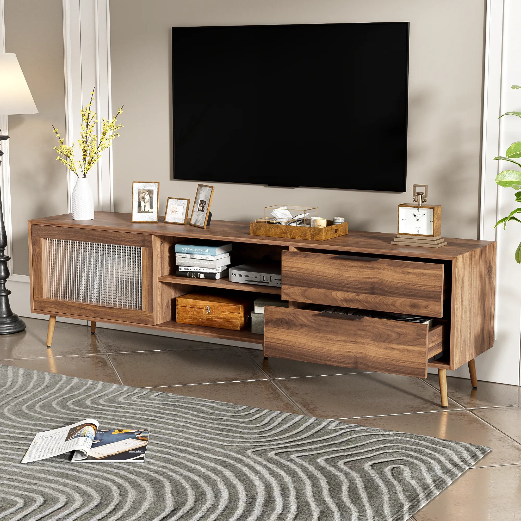 71" Modern Walnut TV Stand with Sliding Glass Doors