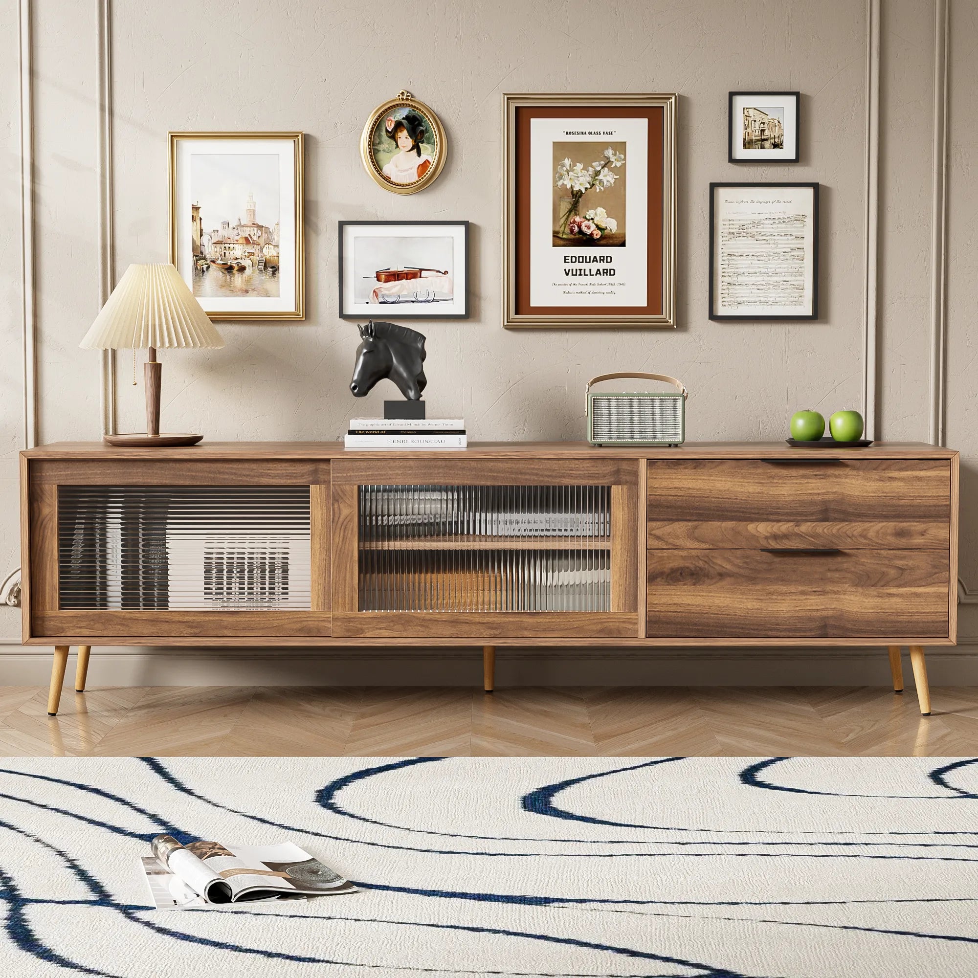 71" Modern Walnut TV Stand with Sliding Glass Doors