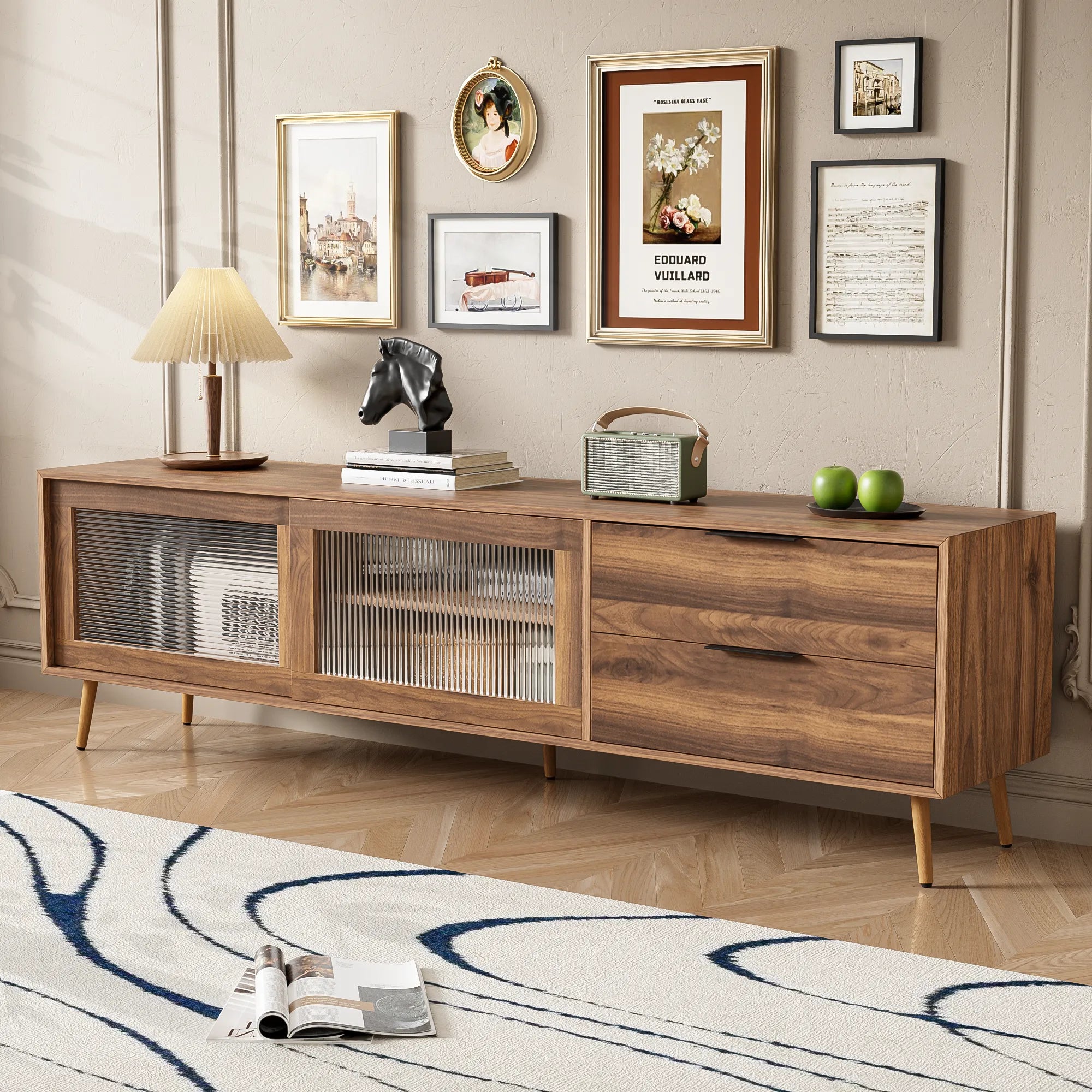 71" Modern Walnut TV Stand with Sliding Glass Doors