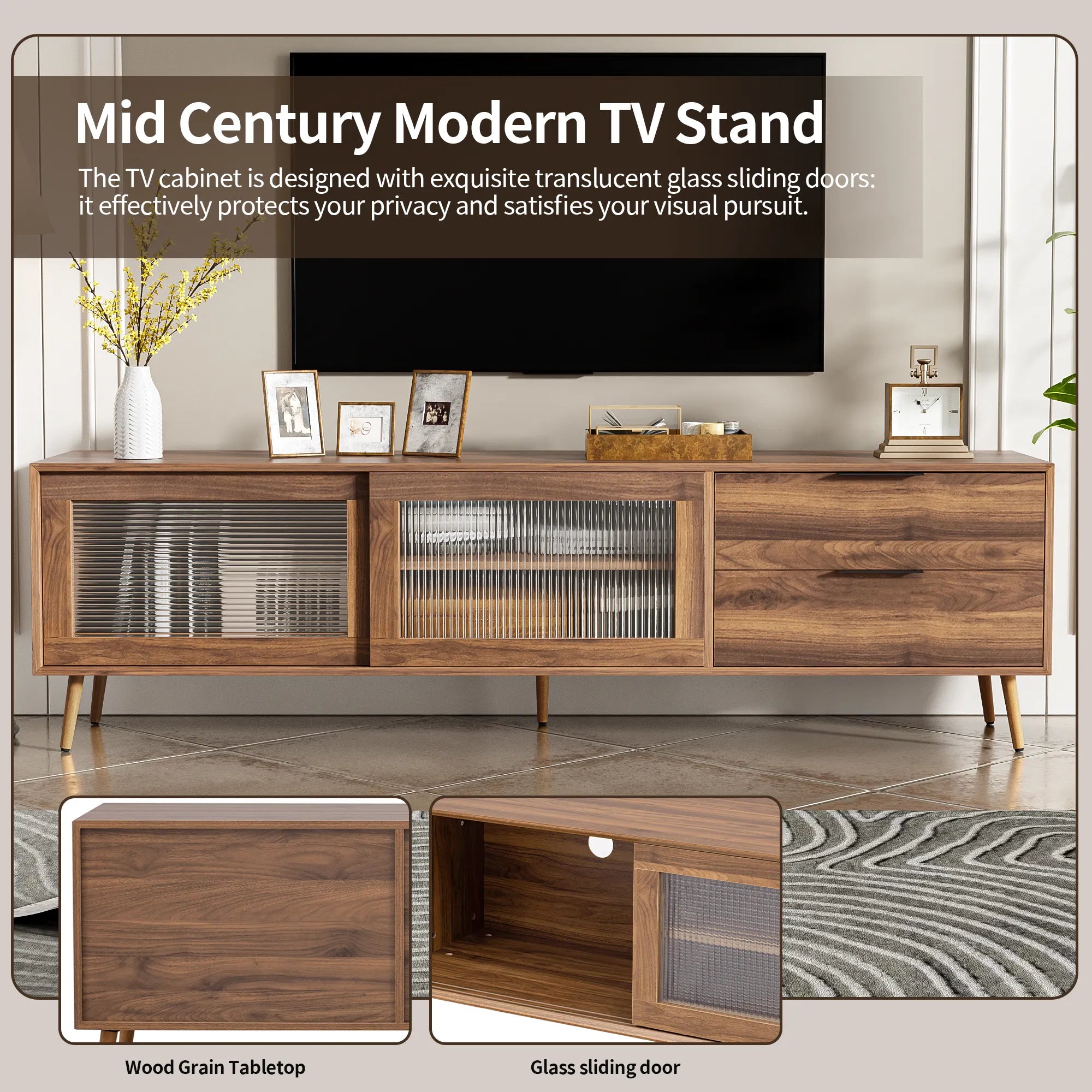 71" Modern Walnut TV Stand with Sliding Glass Doors