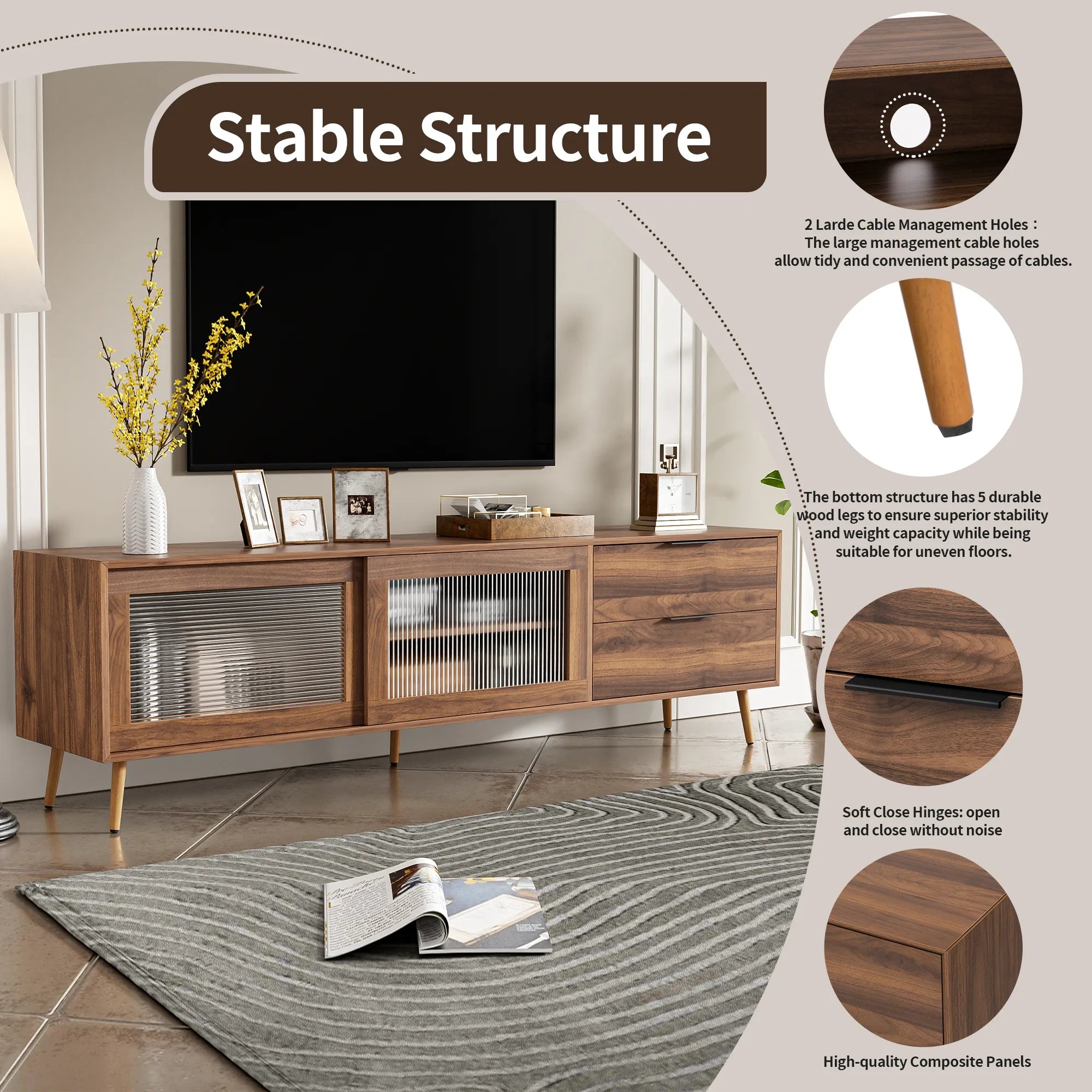 71" Modern Walnut TV Stand with Sliding Glass Doors