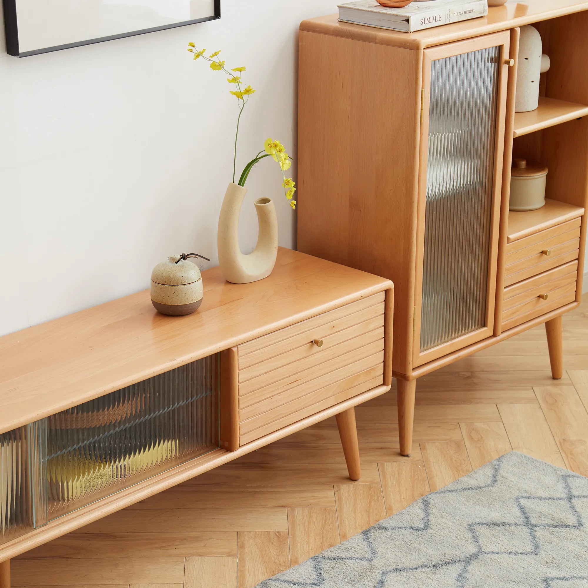 71" Solid Wood TV Cabinet with Glass Doors