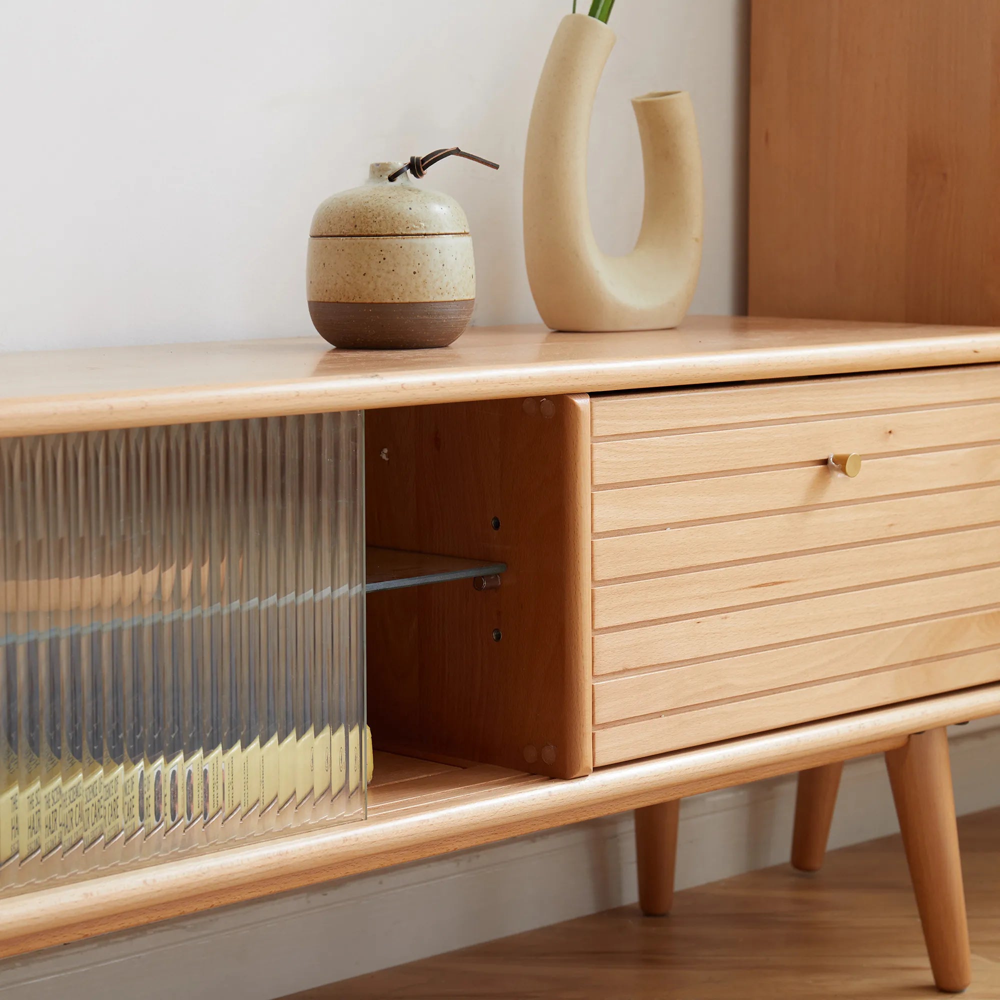 71" Solid Wood TV Cabinet with Glass Doors