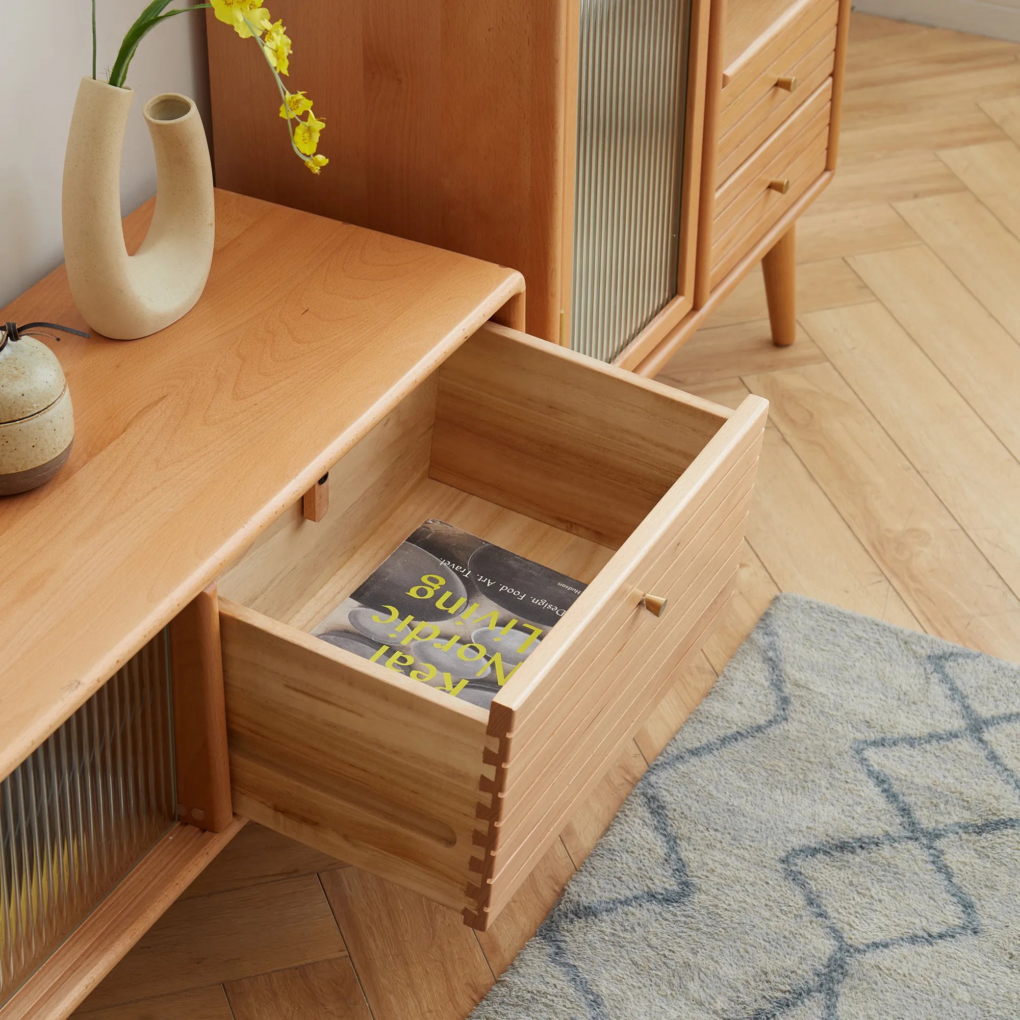 71" Solid Wood TV Cabinet with Glass Doors