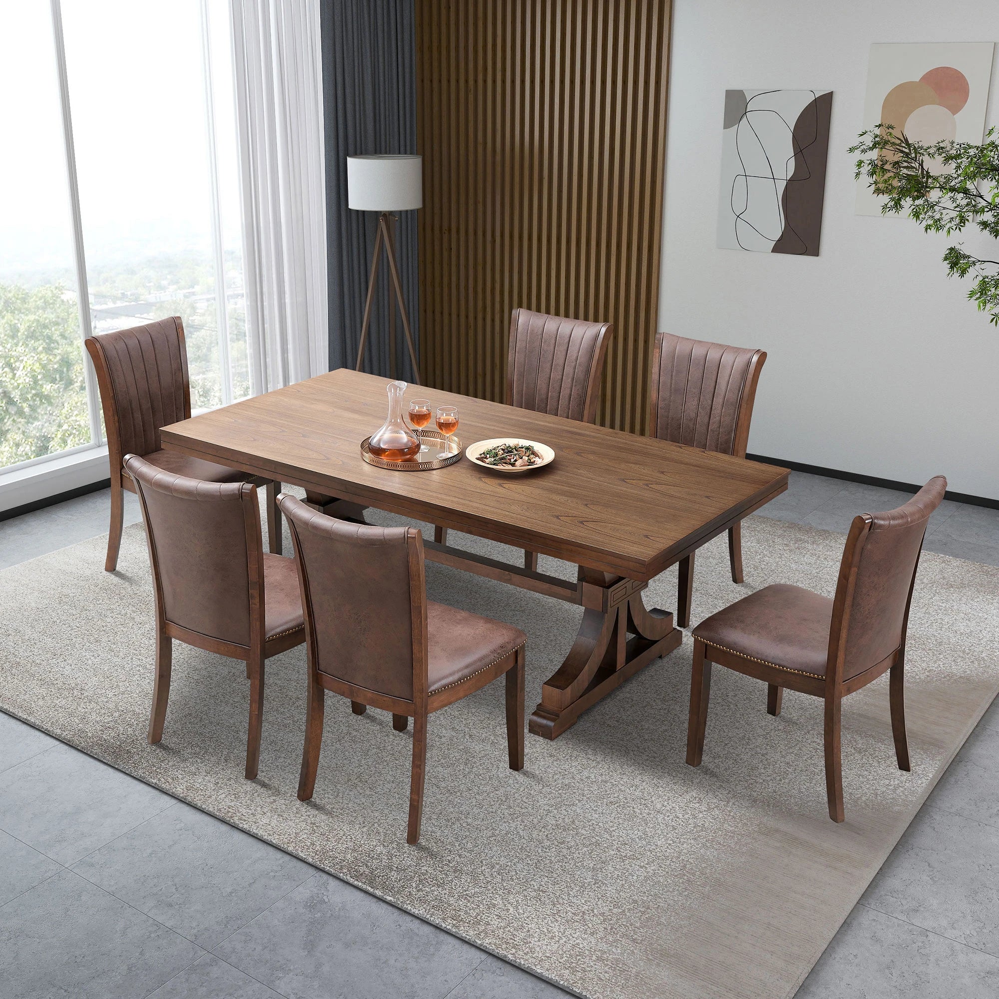 78" Mid Century Modern Rectangular Rubber Wood Dining Table Set For 6-8