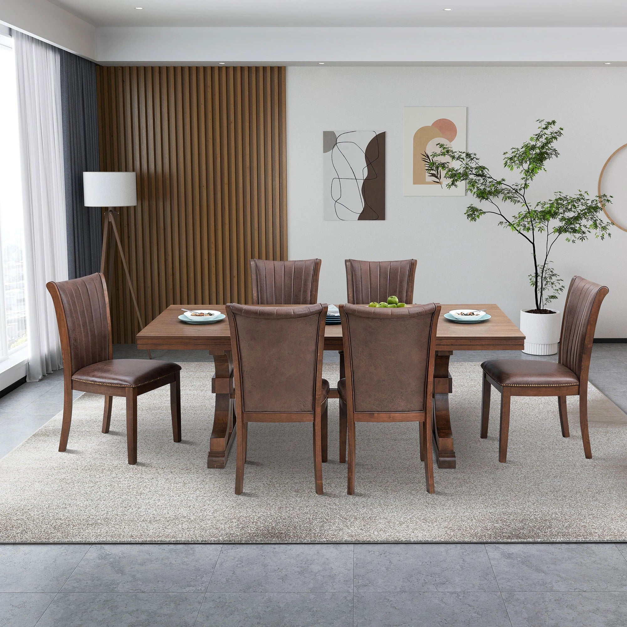 78" Mid Century Modern Rectangular Rubber Wood Dining Table Set For 6-8