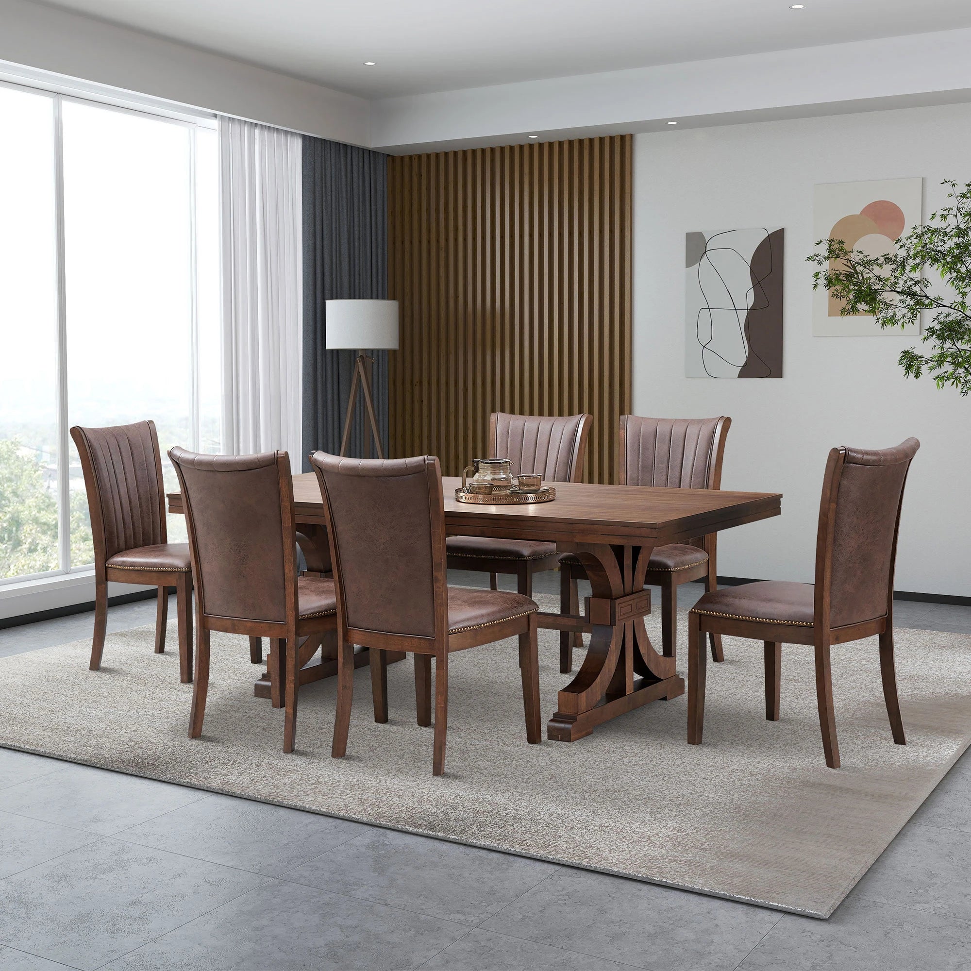 78" Mid Century Modern Rectangular Rubber Wood Dining Table Set For 6-8