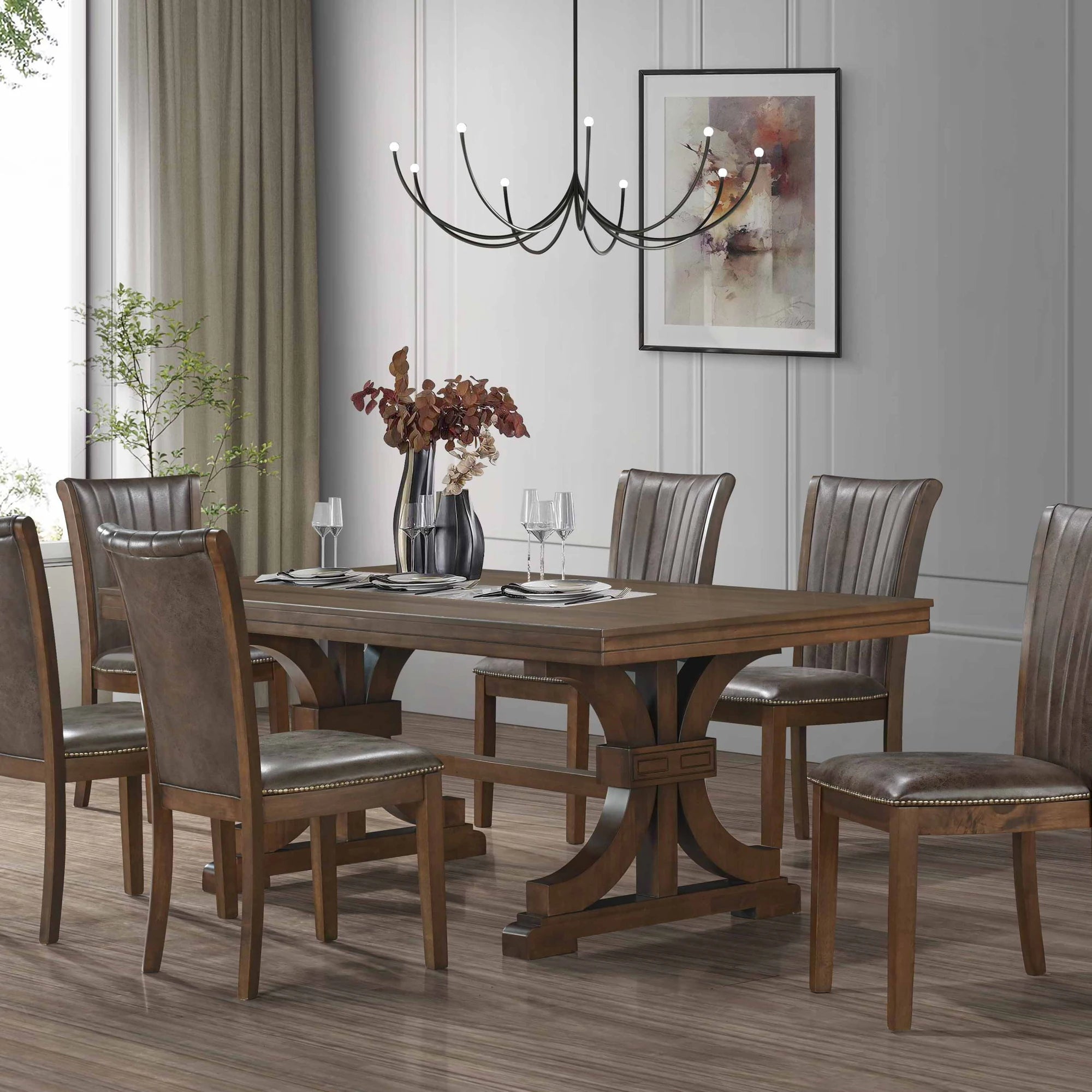 78" Mid Century Modern Rectangular Rubber Wood Dining Table Set For 6-8