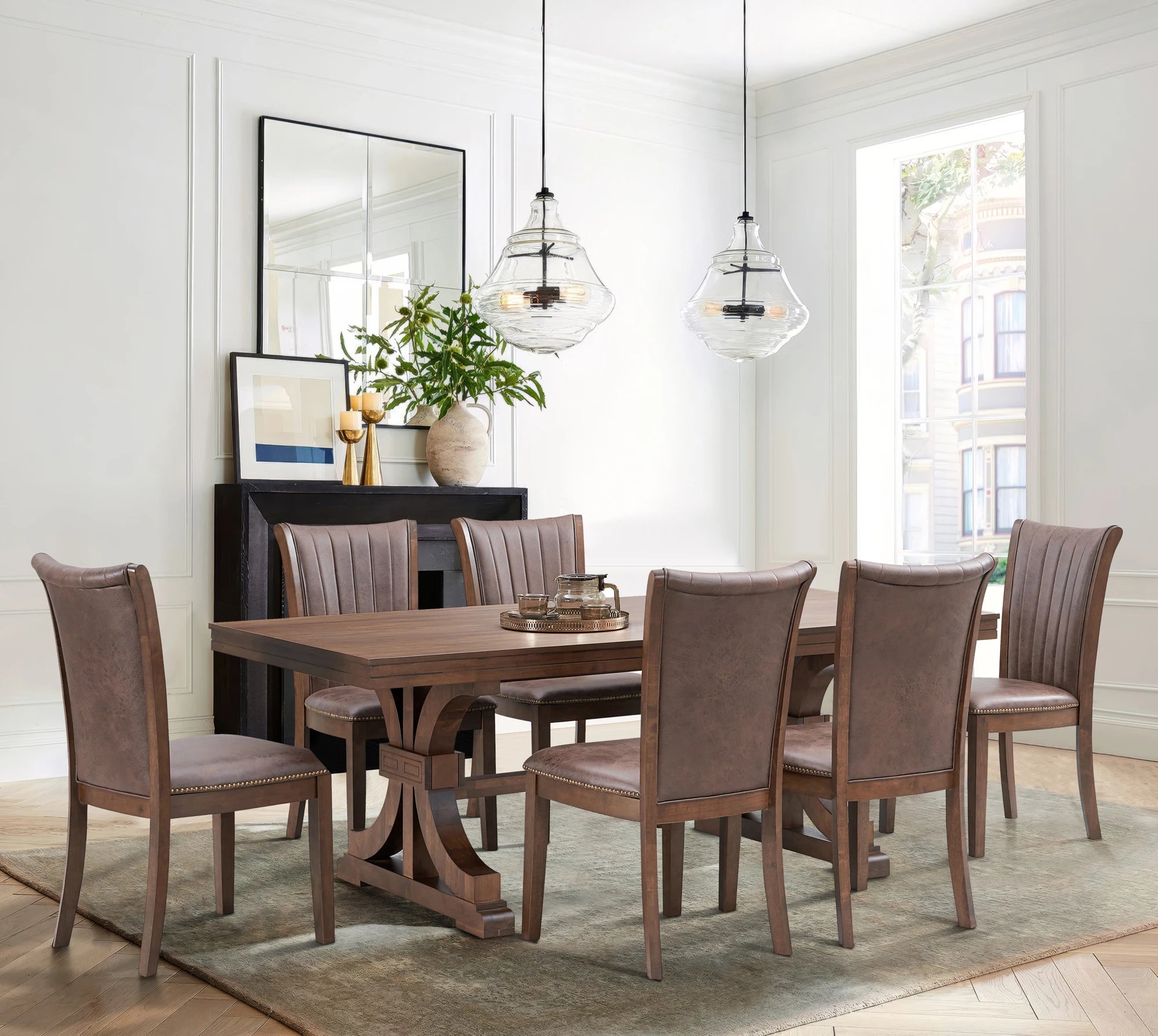 78" Mid Century Modern Rectangular Rubber Wood Dining Table Set For 6-8