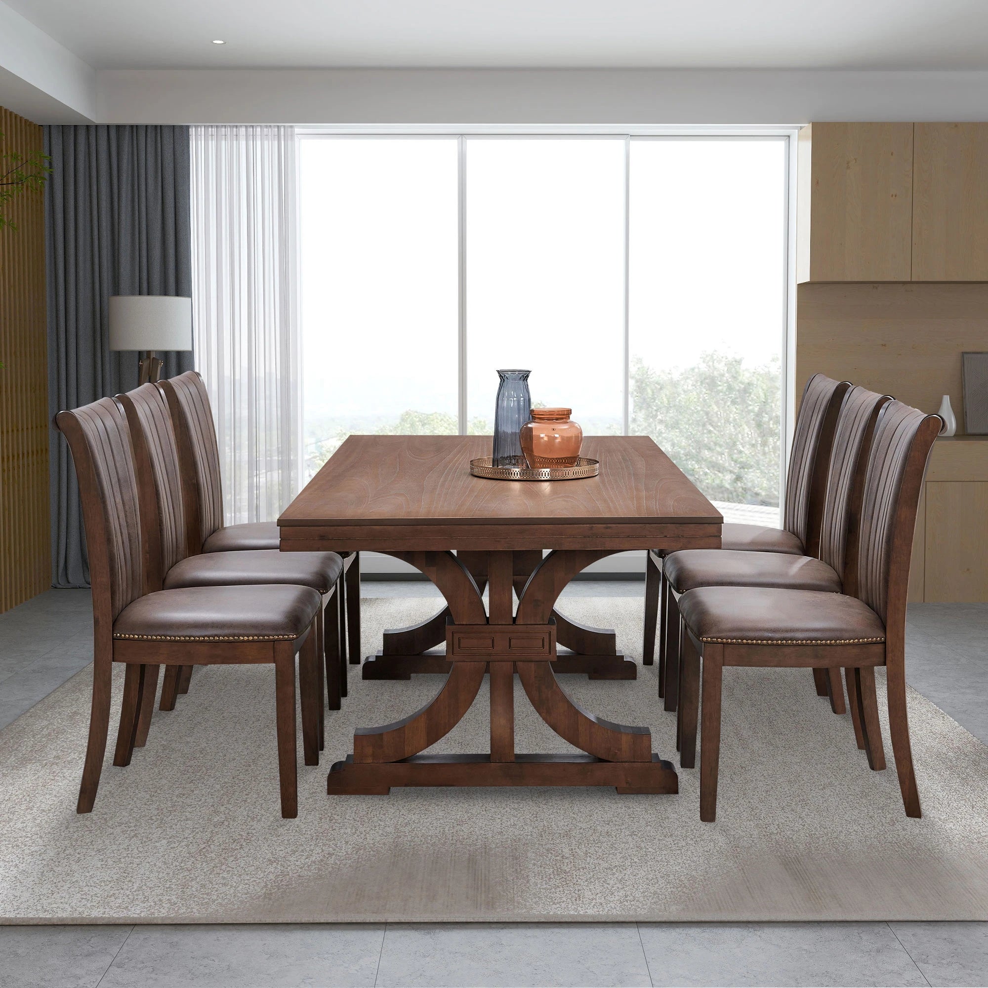 78" Mid Century Modern Rectangular Rubber Wood Dining Table Set For 6-8
