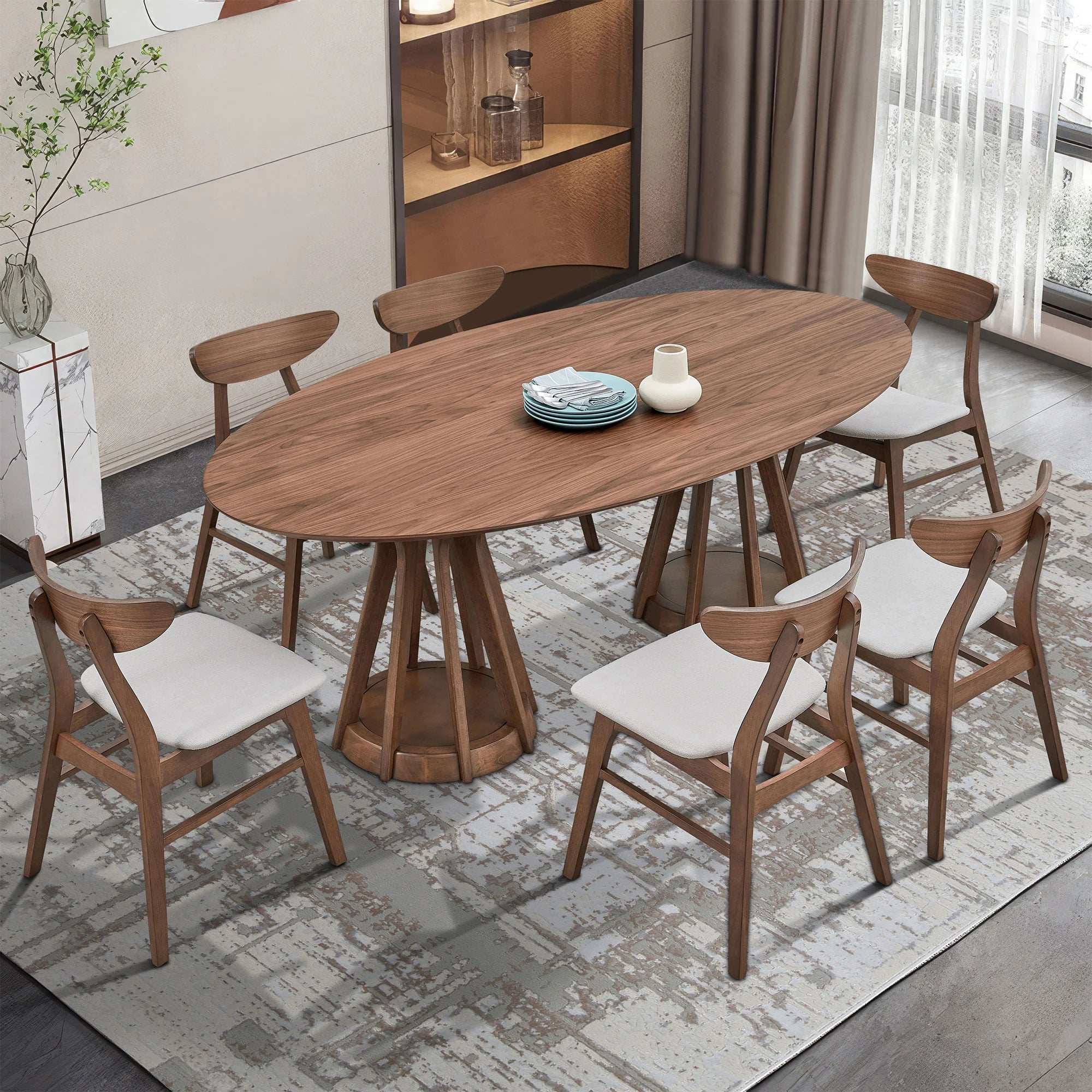 78" Modern Oval Dining Table Set With 6 Upholstered Chairs