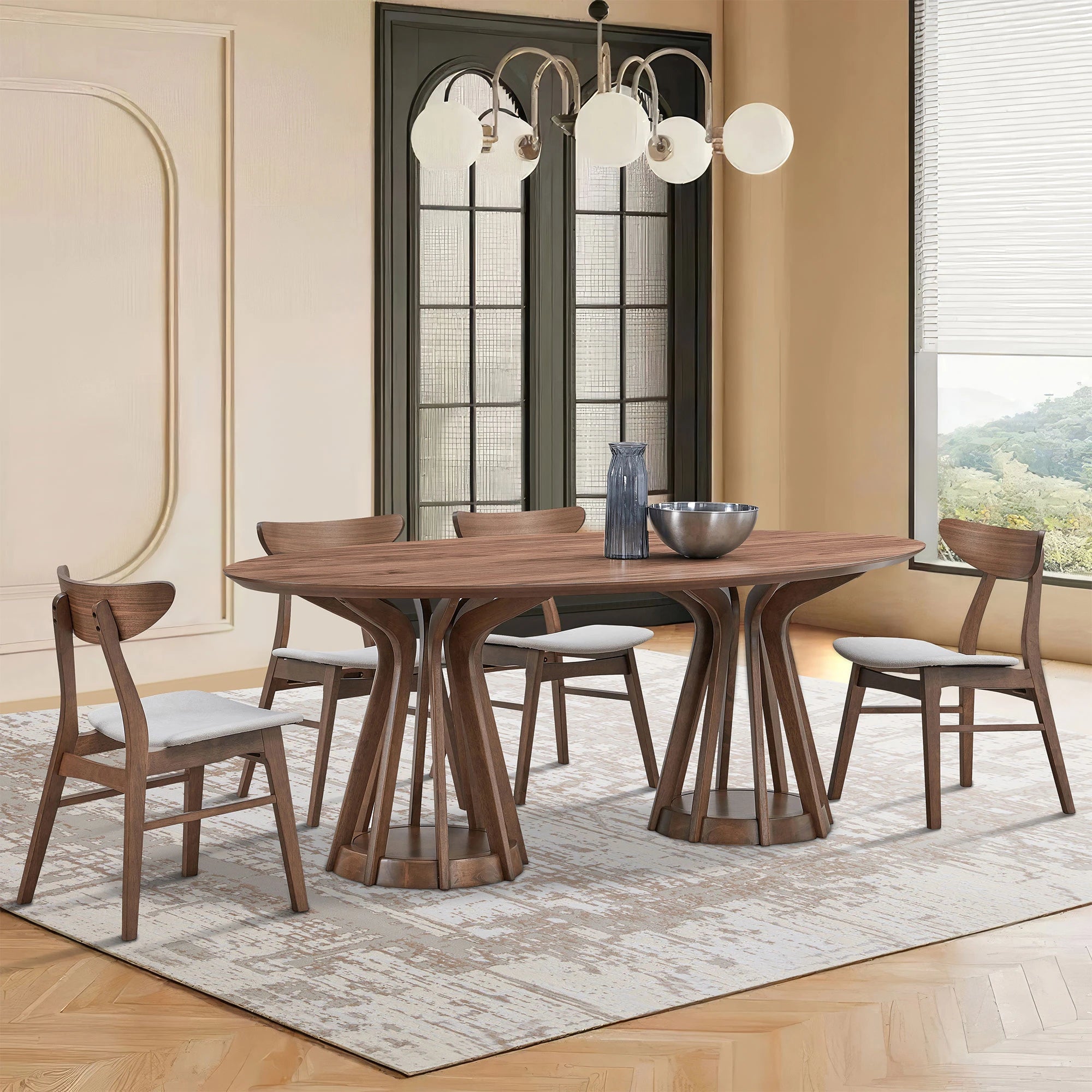 78" Modern Oval Dining Table Set With 6 Upholstered Chairs