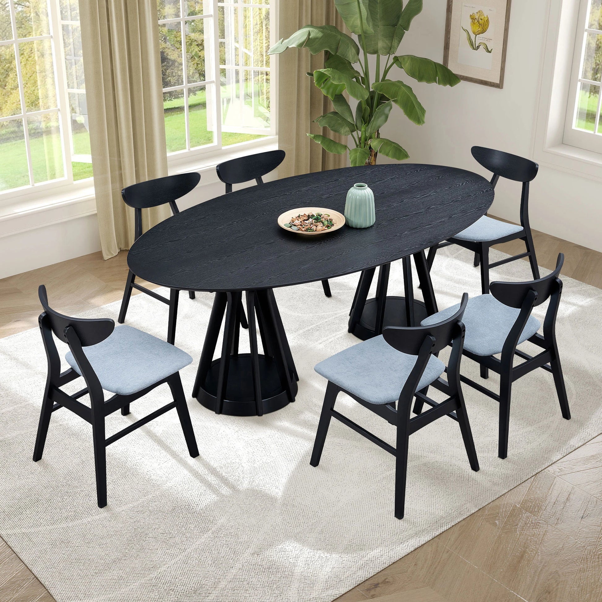 78" Modern Oval Dining Table Set With 6 Upholstered Chairs