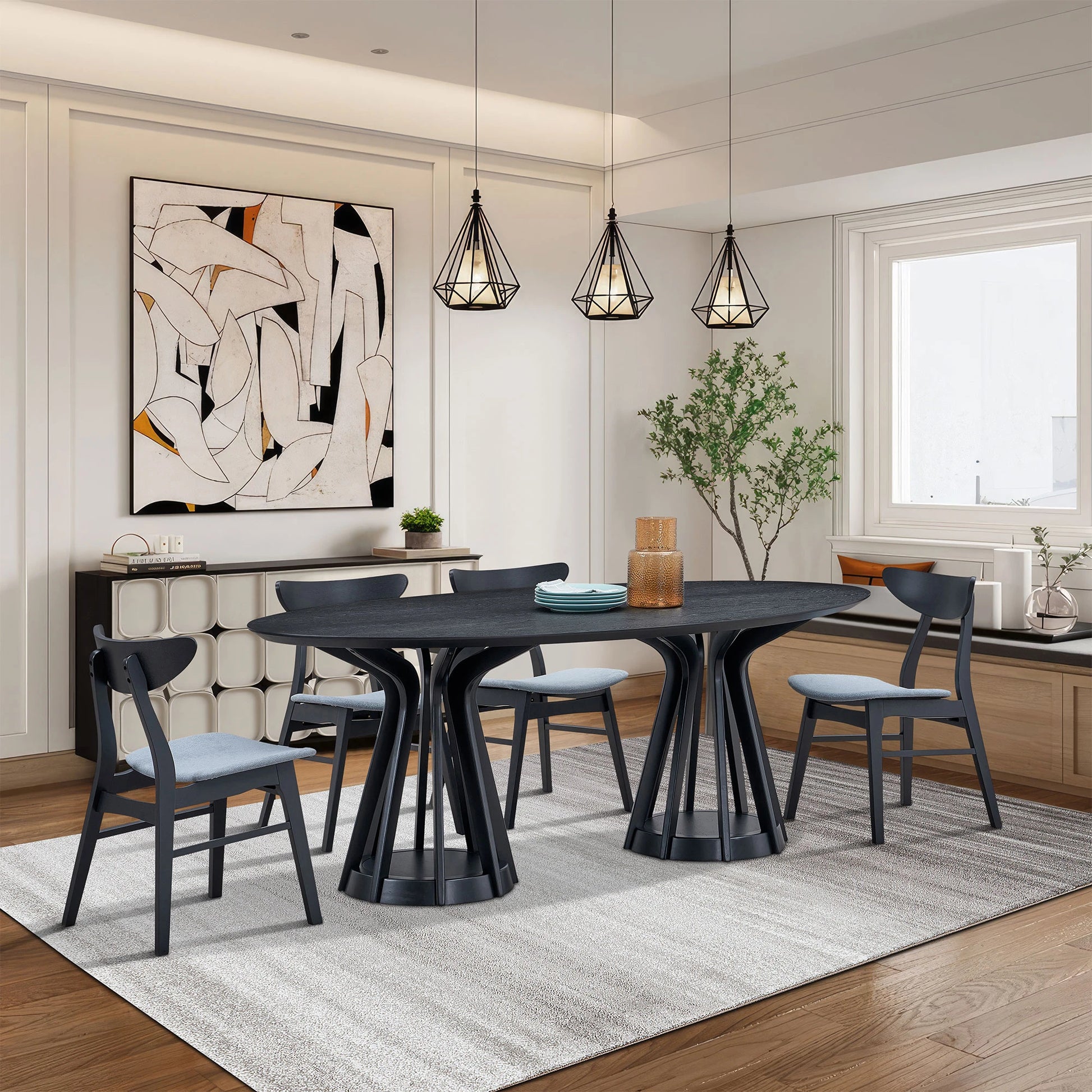 78" Modern Oval Dining Table Set With 6 Upholstered Chairs