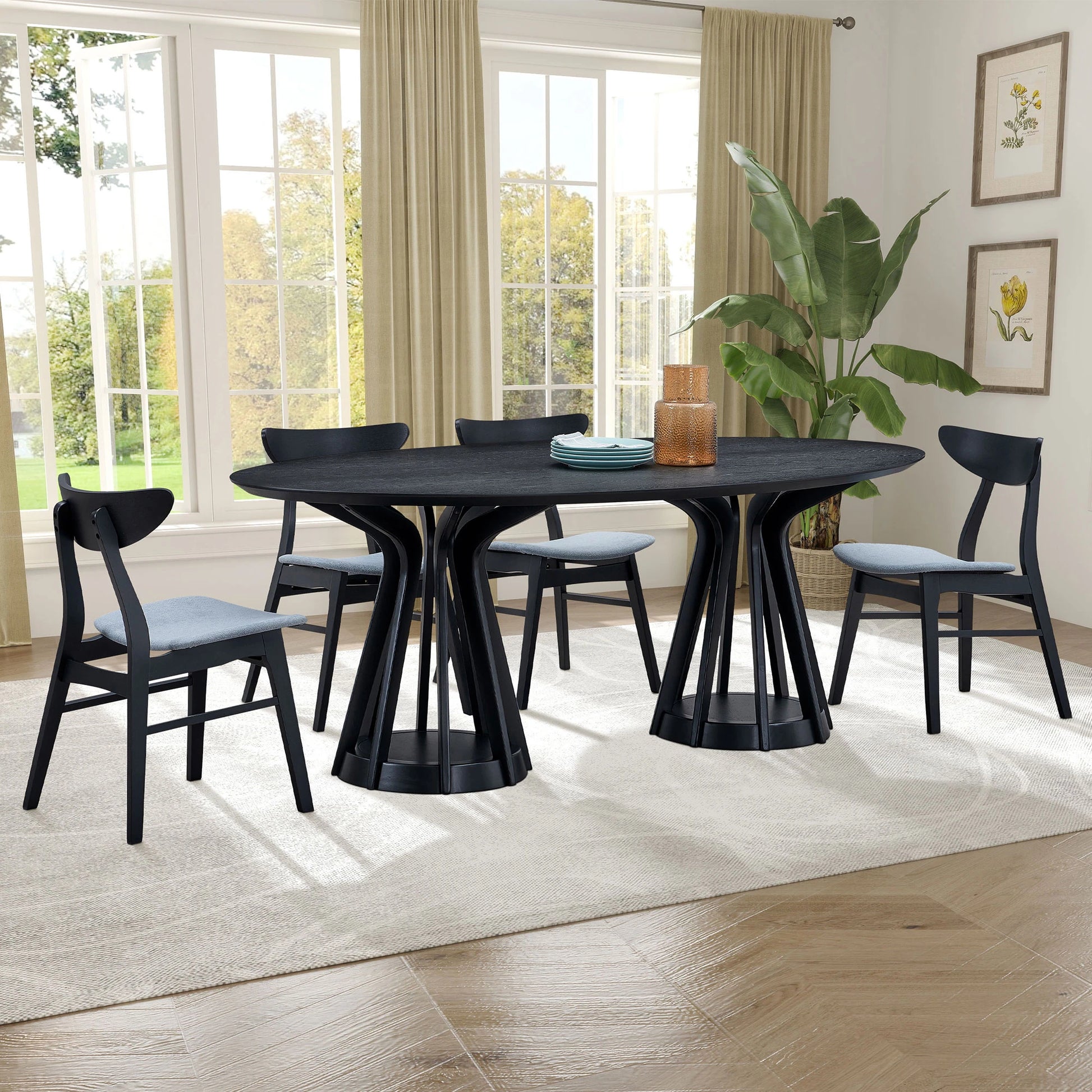 78" Modern Oval Dining Table Set With 6 Upholstered Chairs