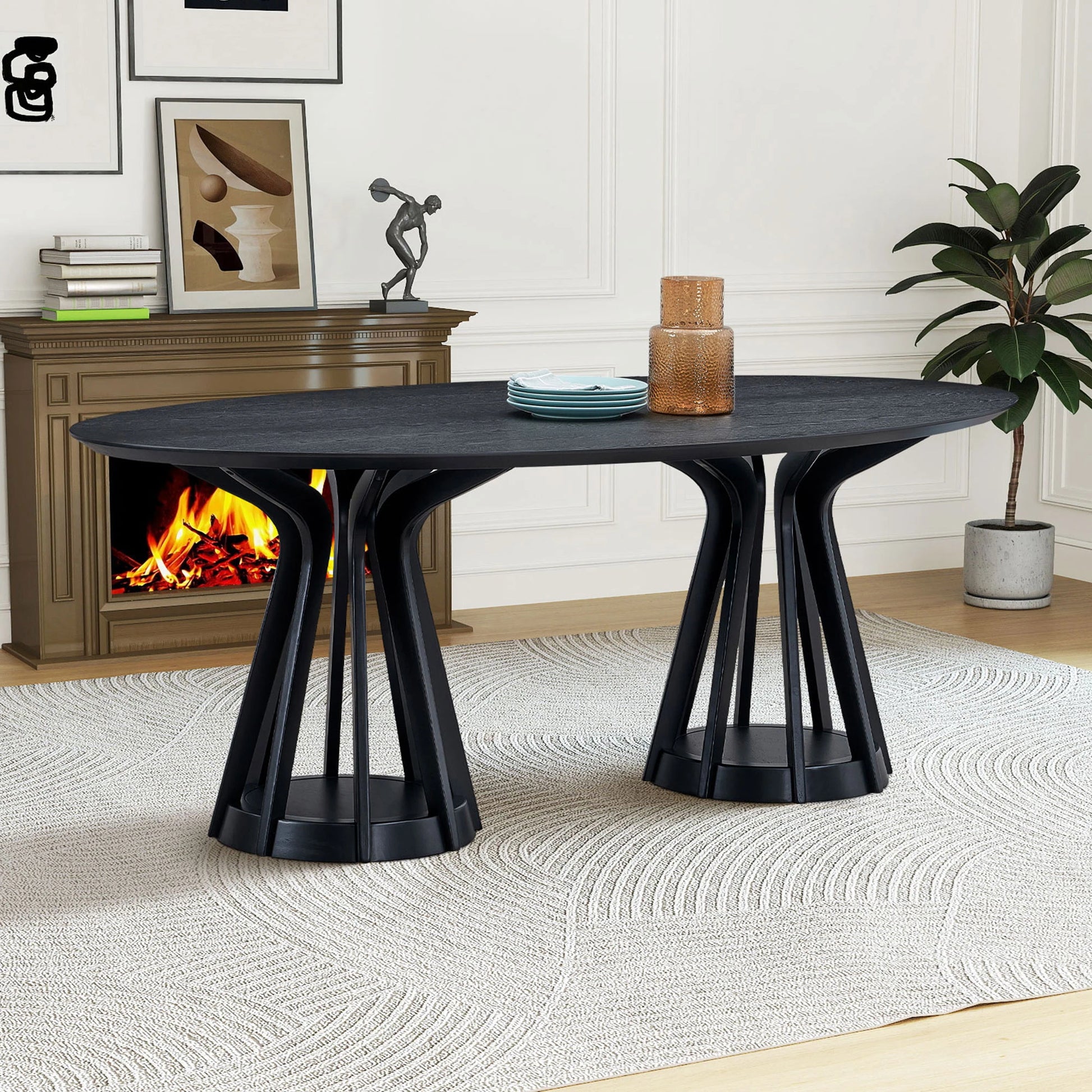 78" Modern Oval Dining Table Set With 6 Upholstered Chairs