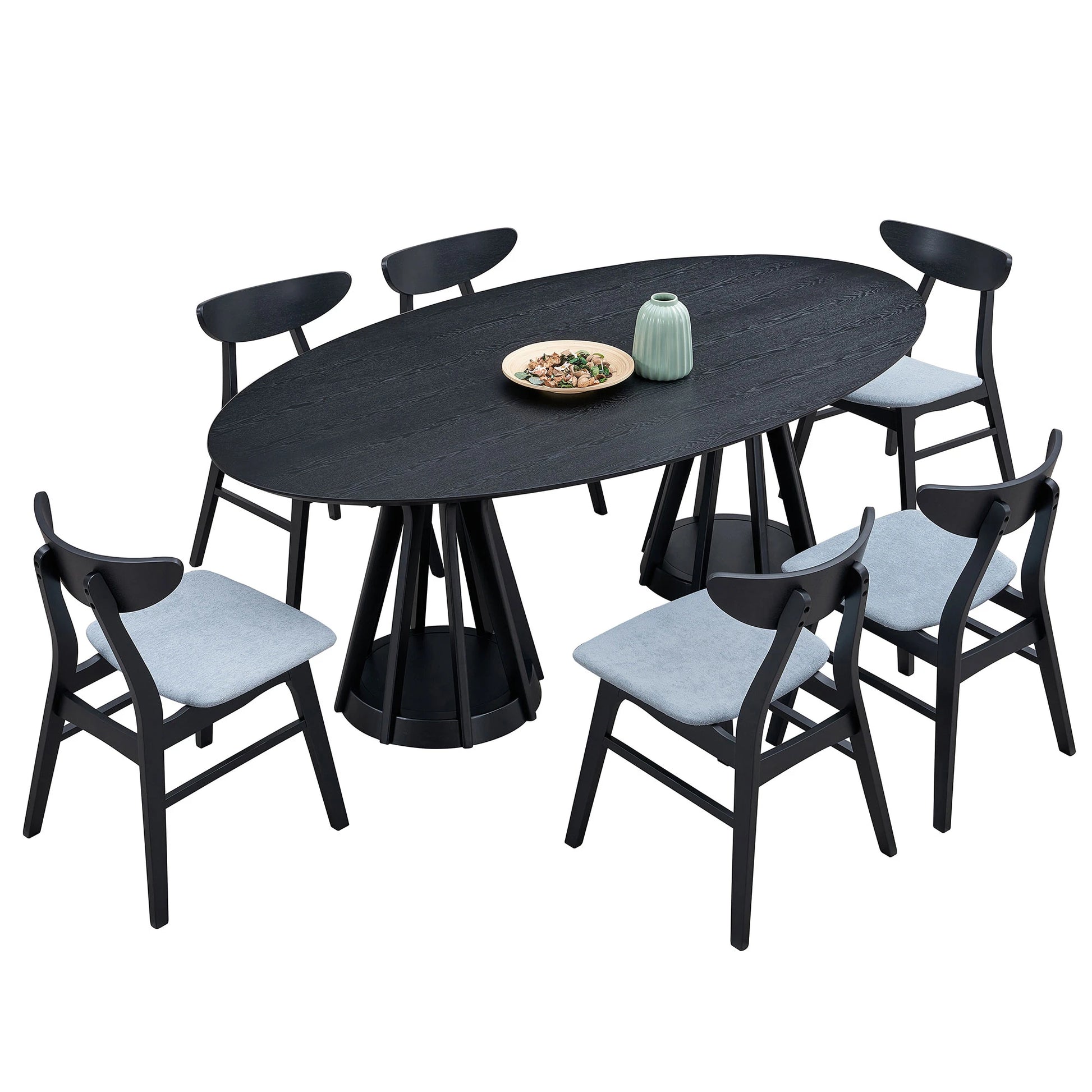 78" Modern Oval Dining Table Set With 6 Upholstered Chairs