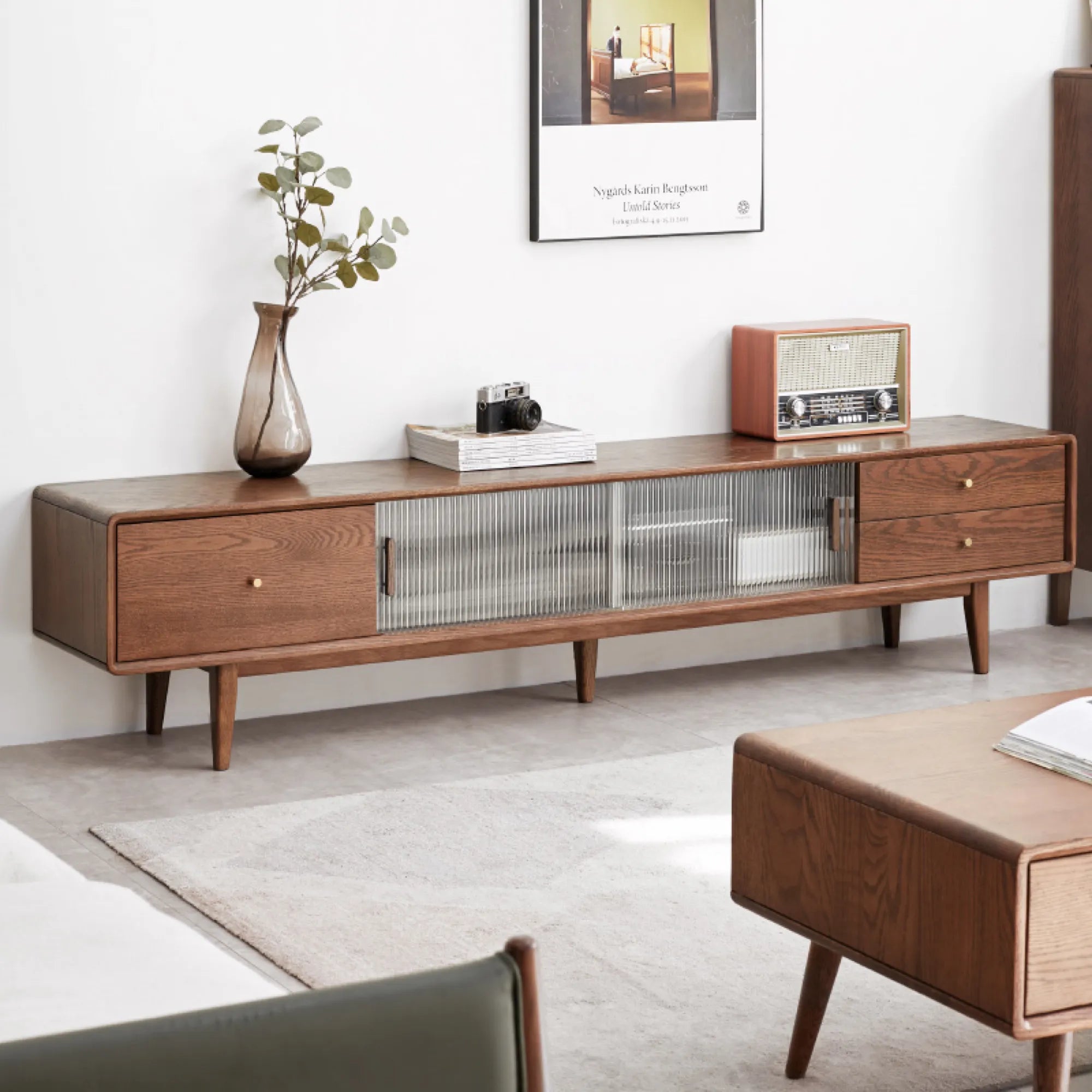 79" Solid Oak Walnut TV Stand with Glass Doors