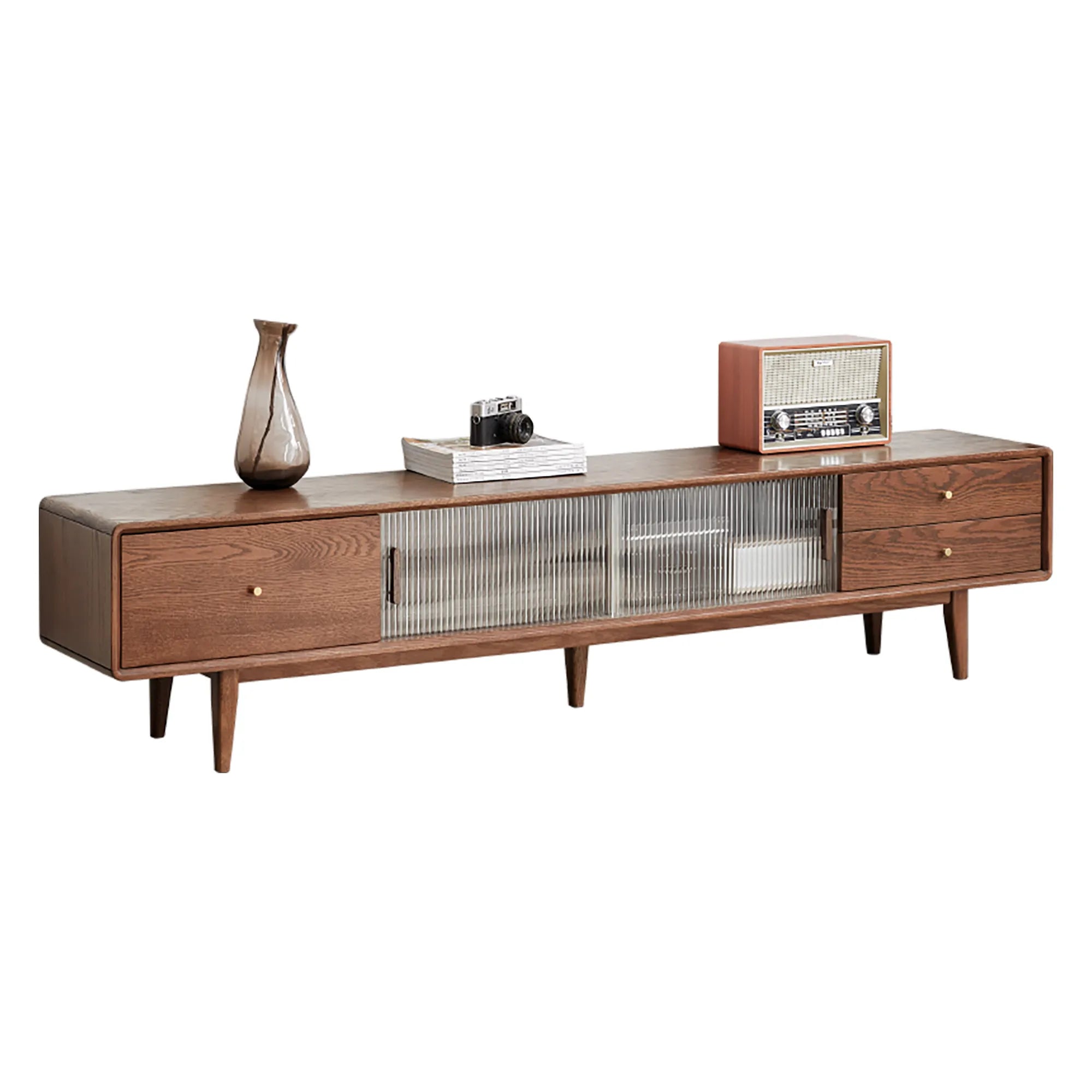 79" Solid Oak Walnut TV Stand with Glass Doors