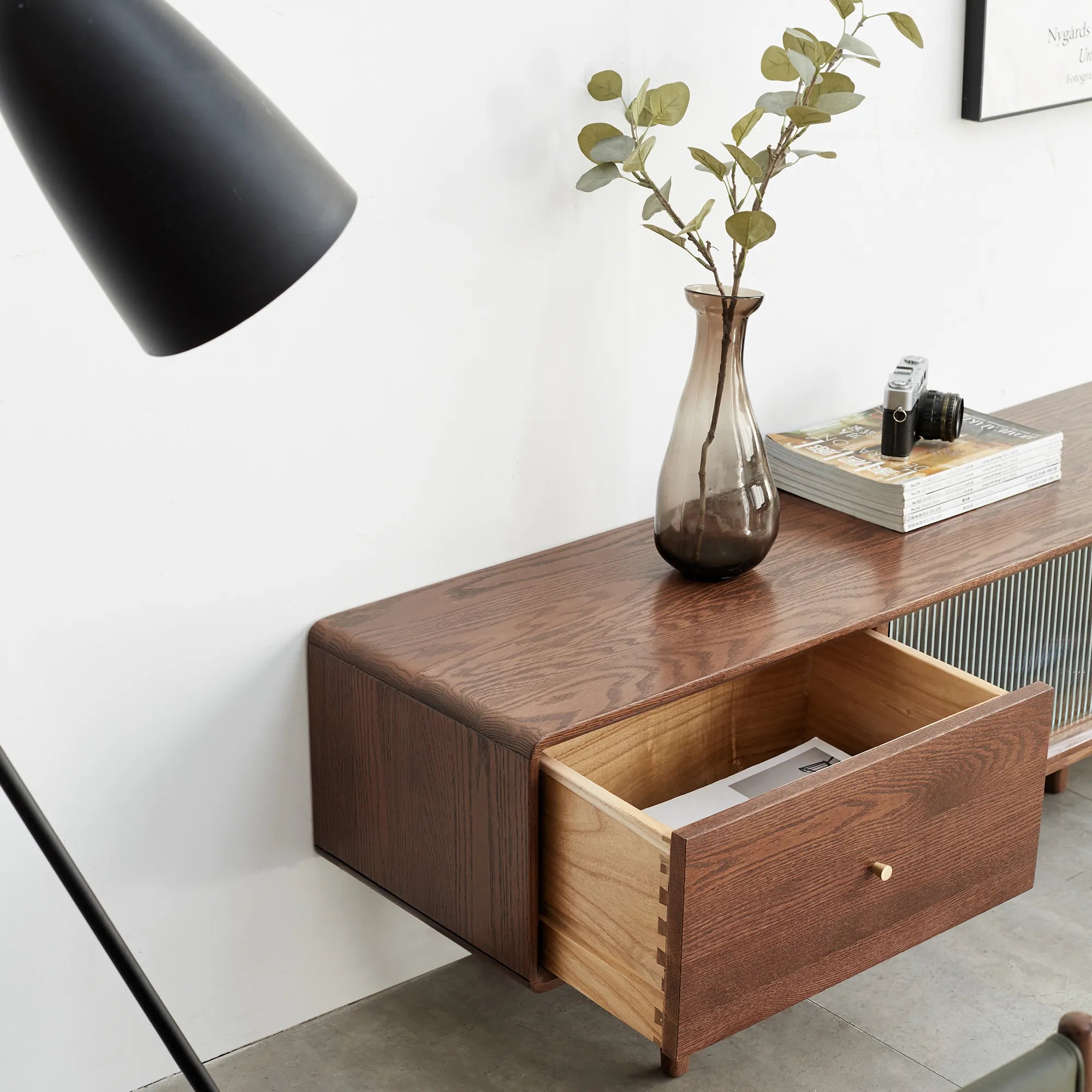 79" Solid Oak Walnut TV Stand with Glass Doors