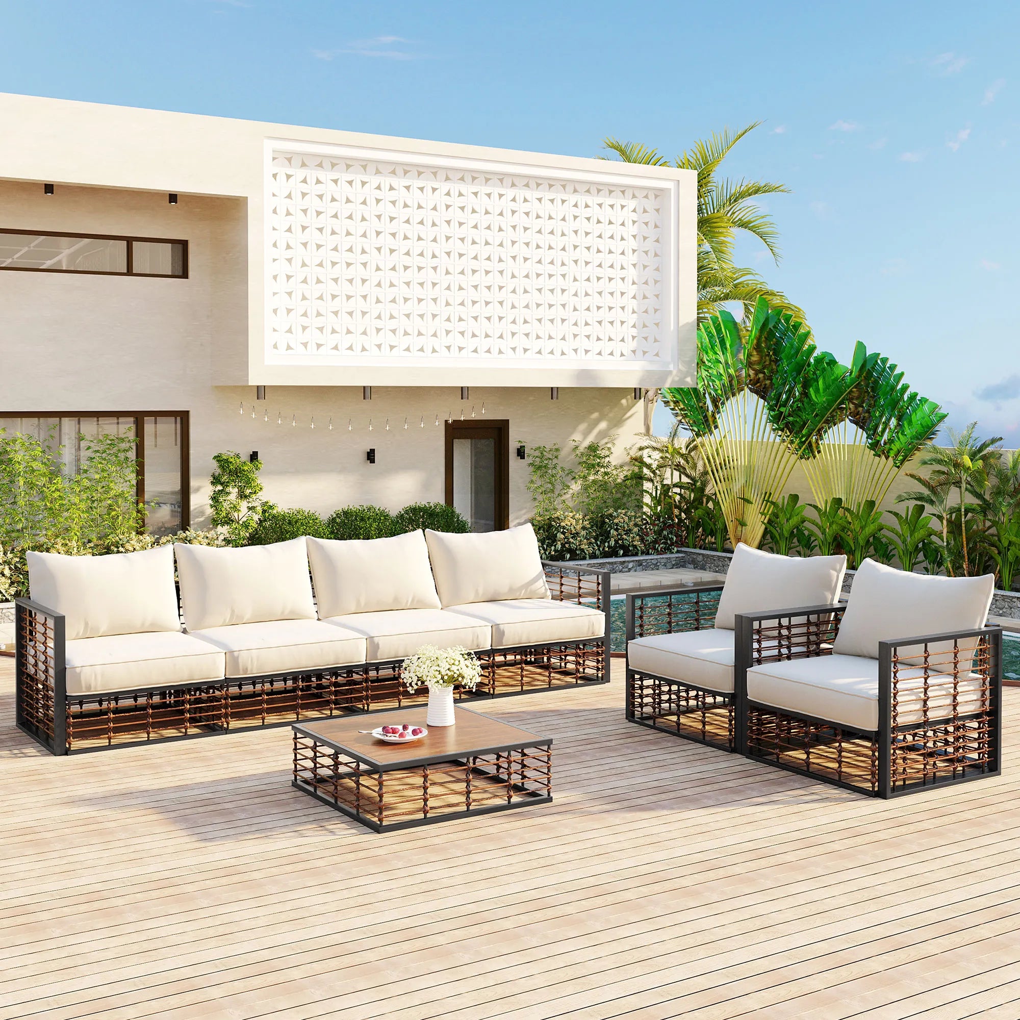 7 Pieces All-Weather Metal Minimalist Modern Outdoor Patio Sectional Sofa Set