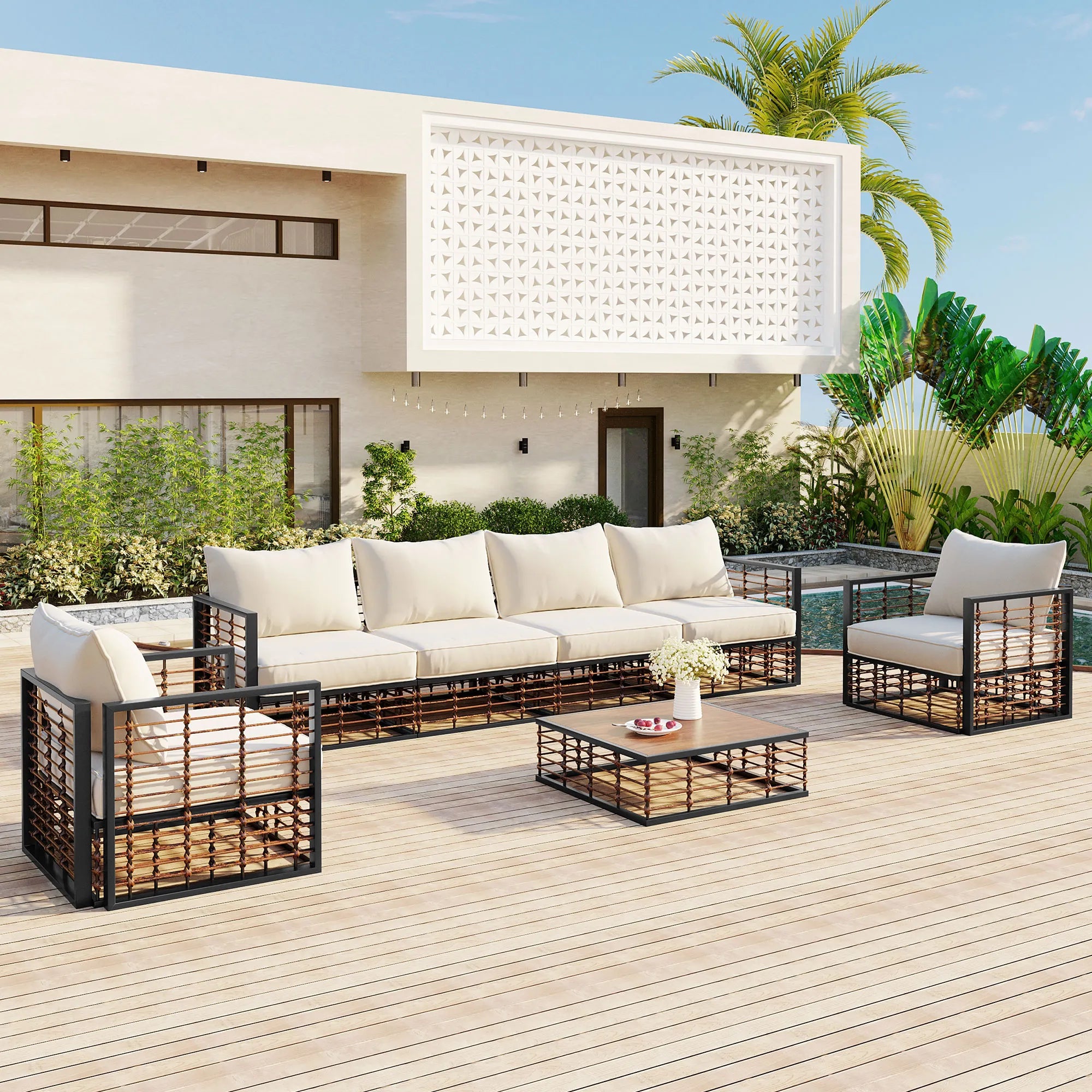 7 Pieces All-Weather Metal Minimalist Modern Outdoor Patio Sectional Sofa Set